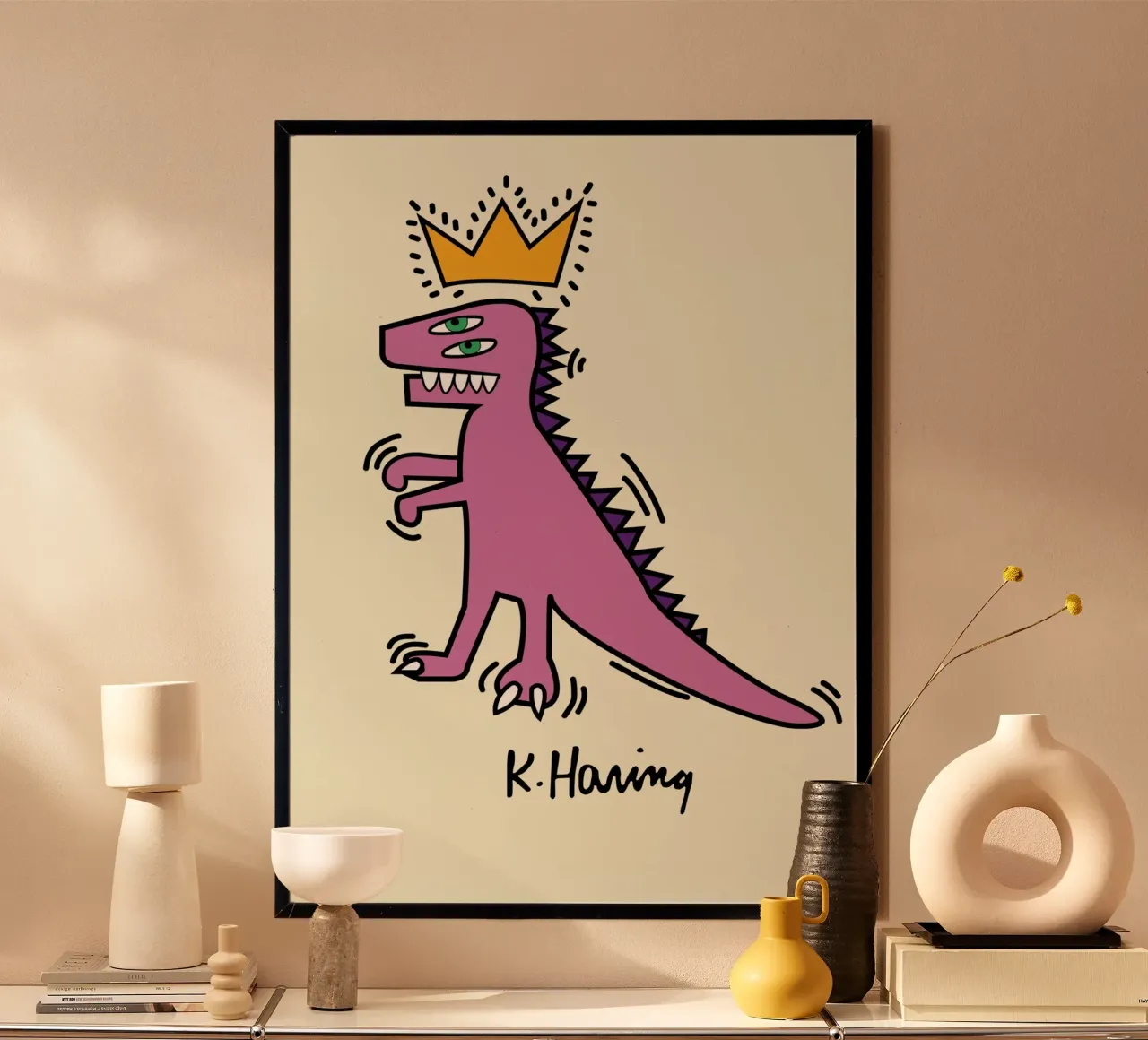 Keith Haring Dinosauro pop art con corona Poster poster con telaio in legno da ClubArt