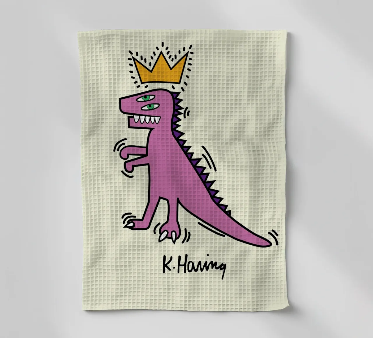 Affiche Keith Haring Pop Art - Dinosaure avec couronne torchon de ClubArt