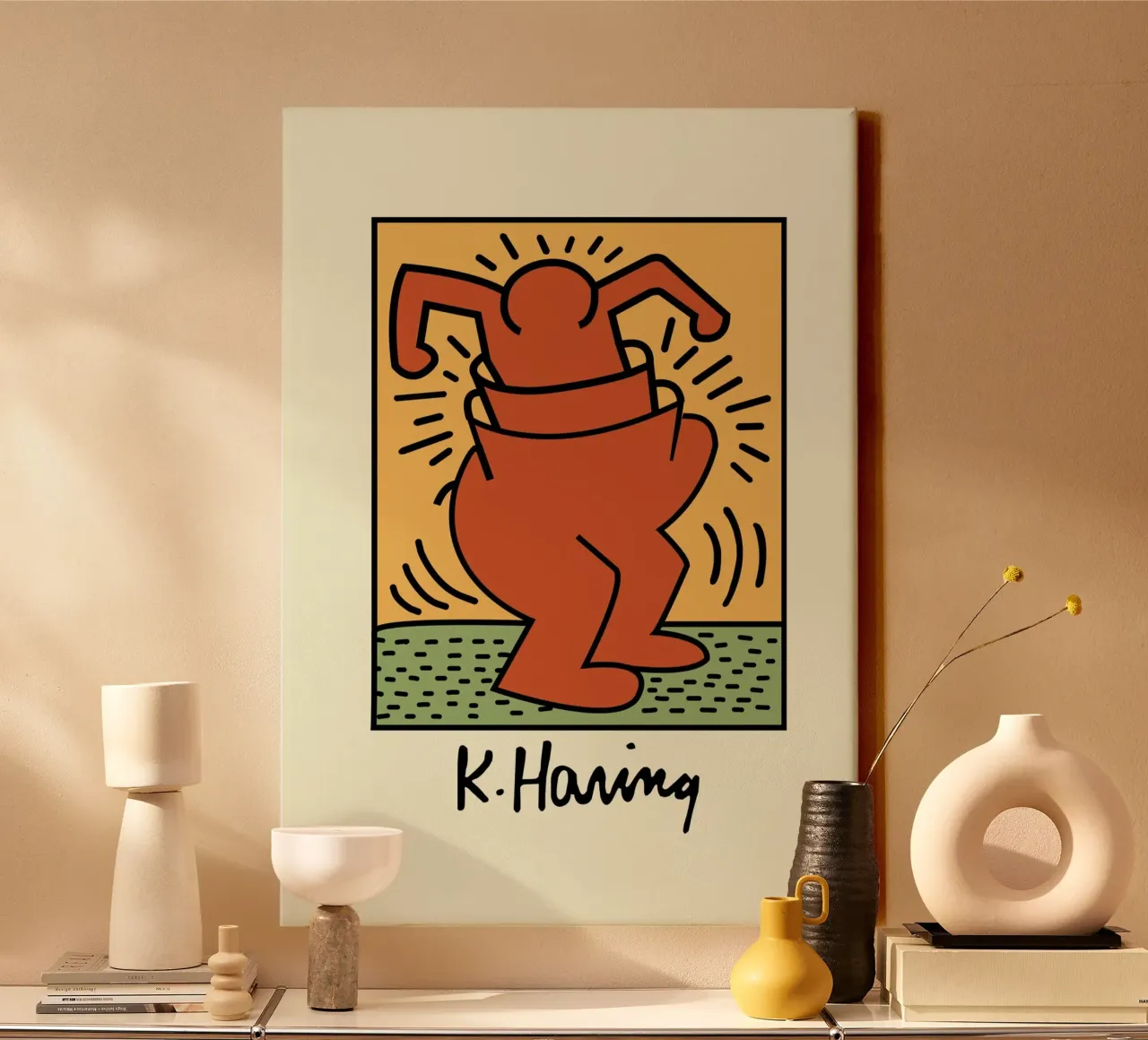 Keith Haring Strahlende Figur Pop-Art-Druck Leinwand mit Schattenfugenrahmen von ClubArt