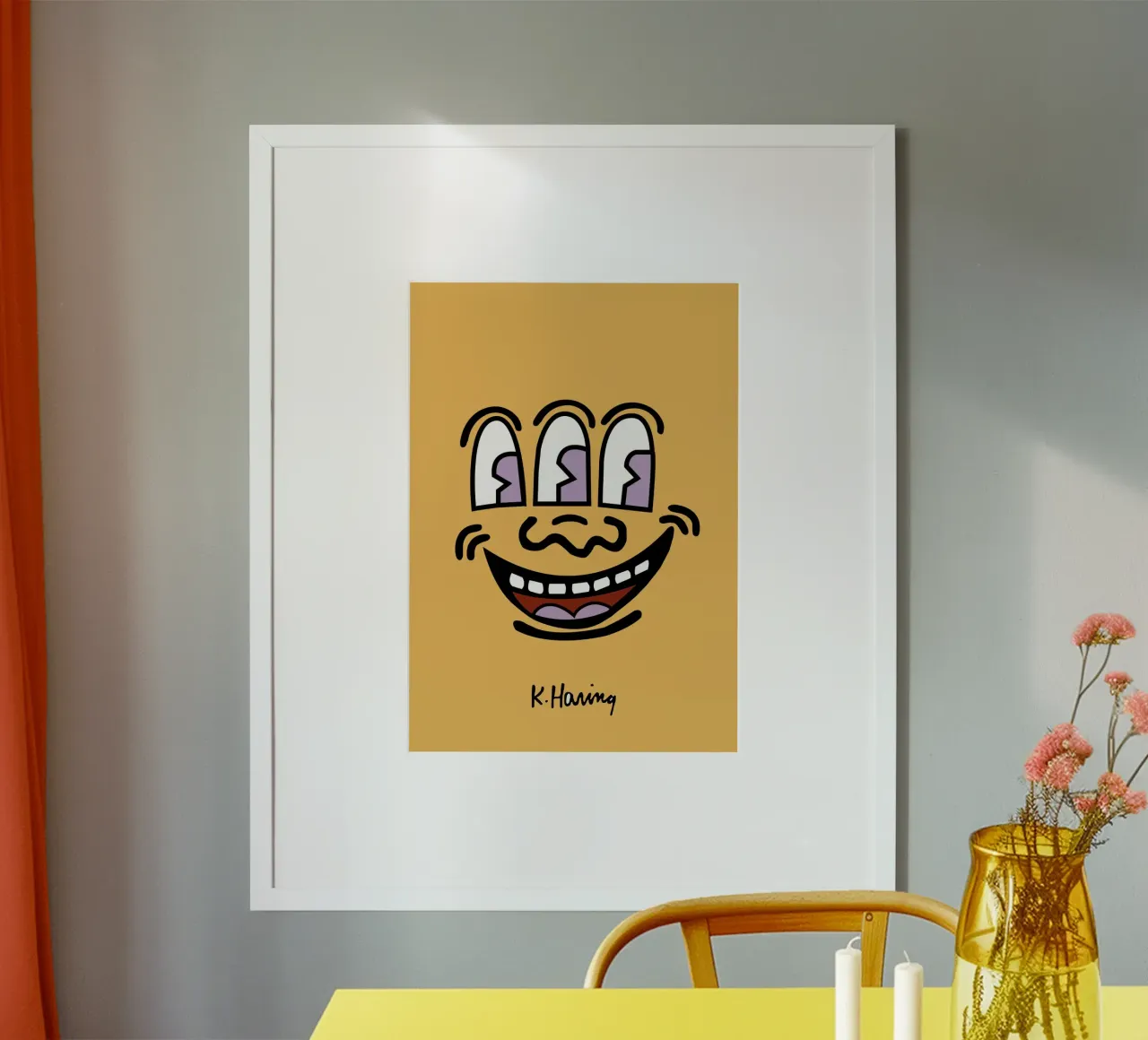 Stampa pop di Keith Haring con la faccia a tre occhi poster con telaio in alluminio da ClubArt