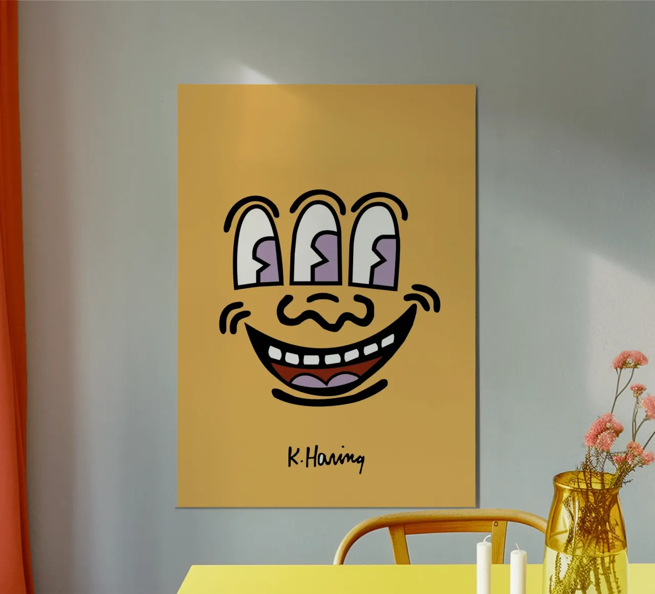 Stampa pop di Keith Haring con la faccia a tre occhi poster con telaio in alluminio da ClubArt