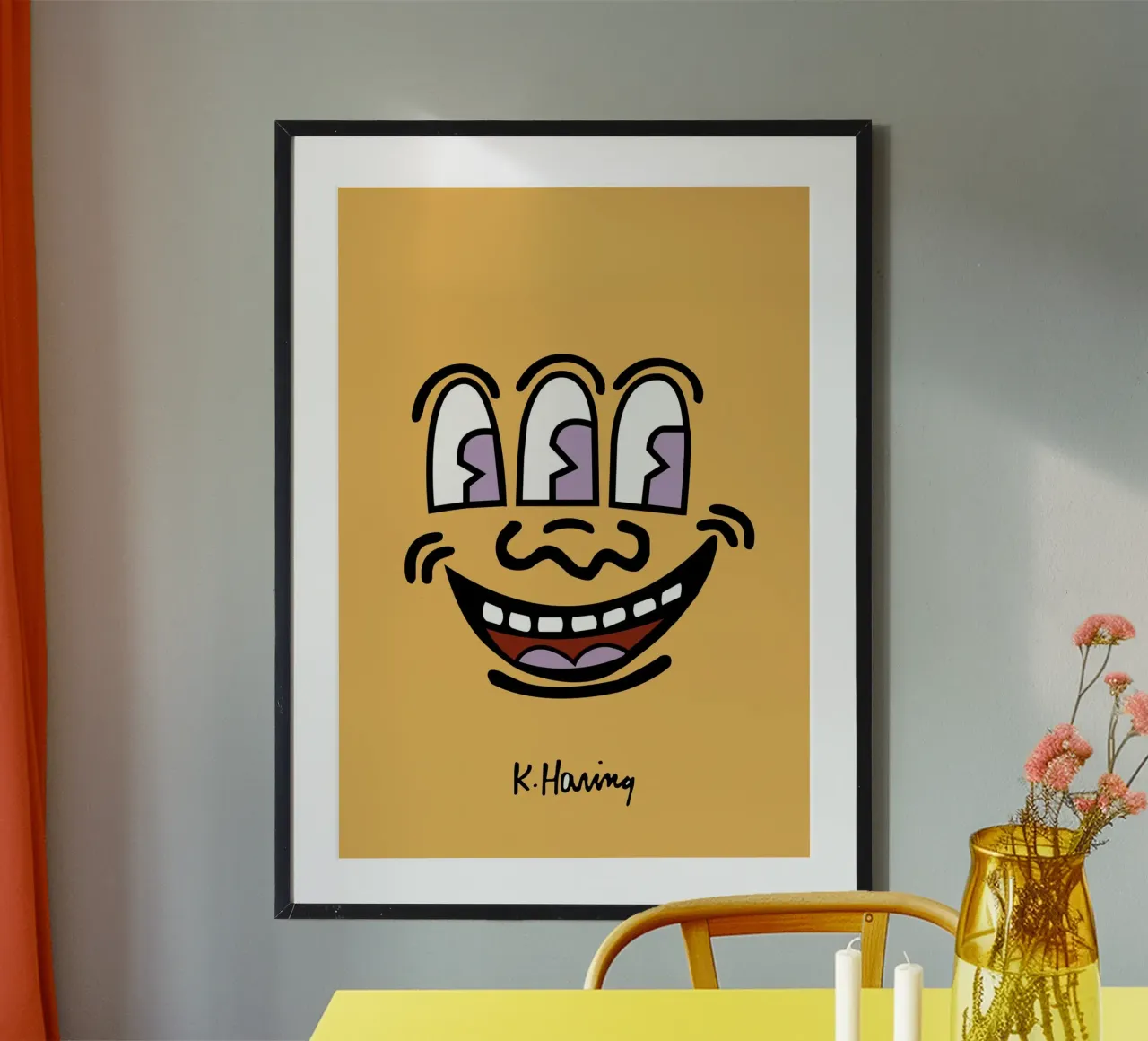 Stampa pop di Keith Haring con la faccia a tre occhi poster con telaio in alluminio da ClubArt