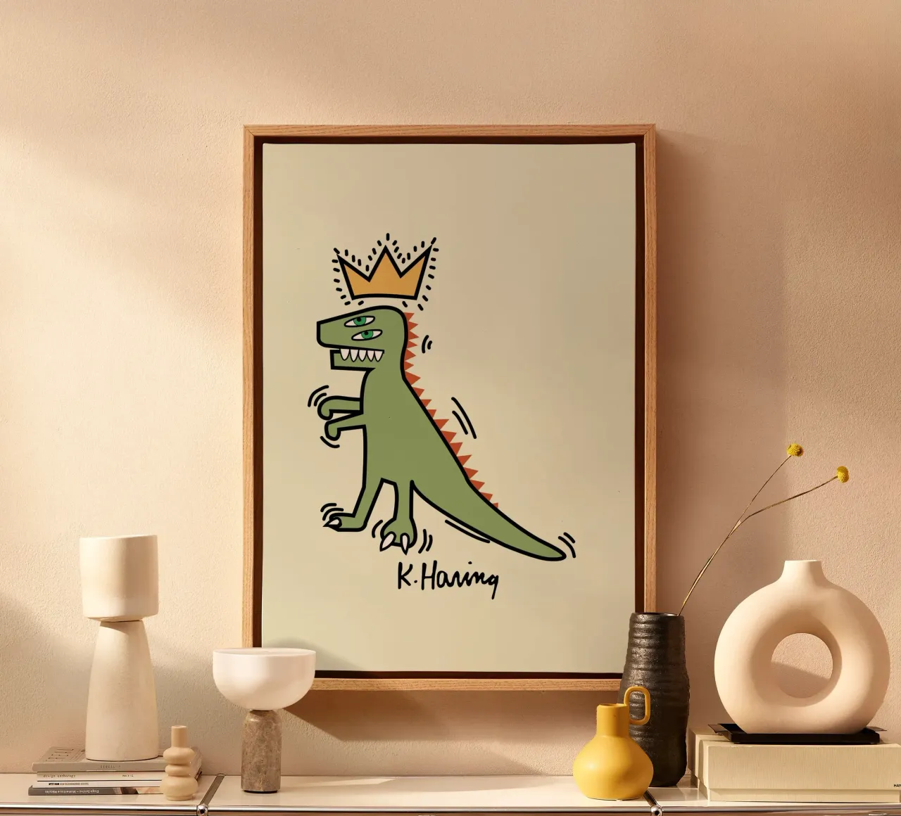 Keith Haring Dinosaur Crown Pop Art Print canvas with Floater frame by ClubArt