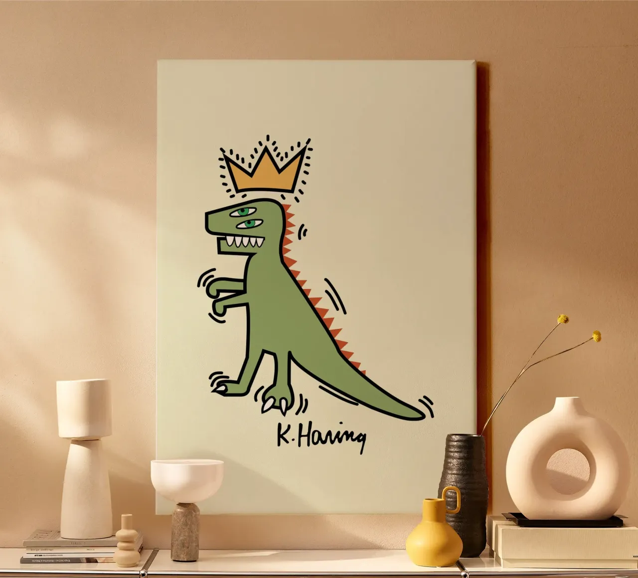 Keith Haring Dinosaur Crown Pop Art Print canvas with Floater frame by ClubArt
