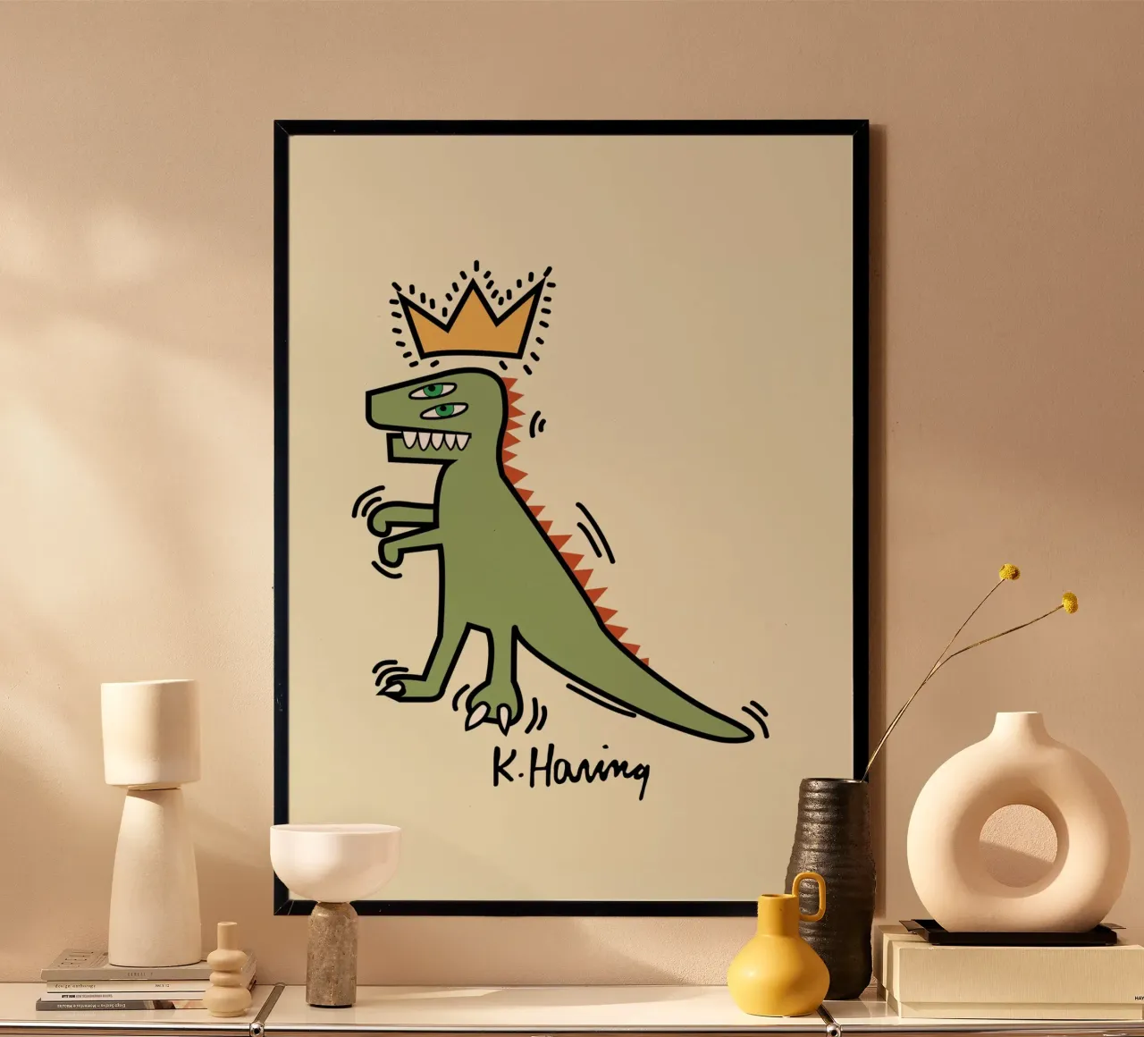Stampa pop di Keith Haring Dinosaur Crown poster con telaio in legno da ClubArt
