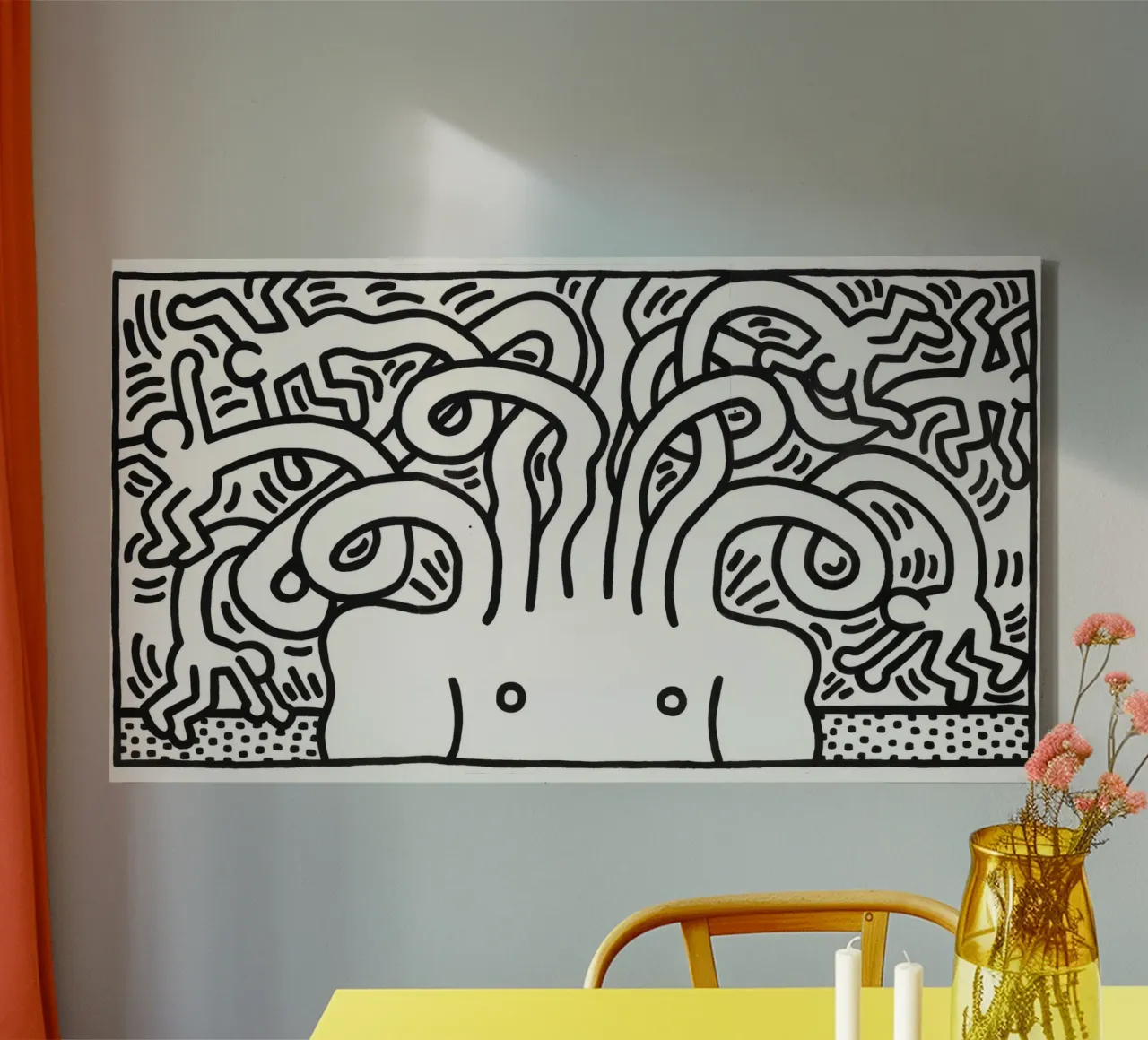 Keith Haring Medusa Kopf Pop Art Druck Leinwand mit Schattenfugenrahmen von ClubArt
