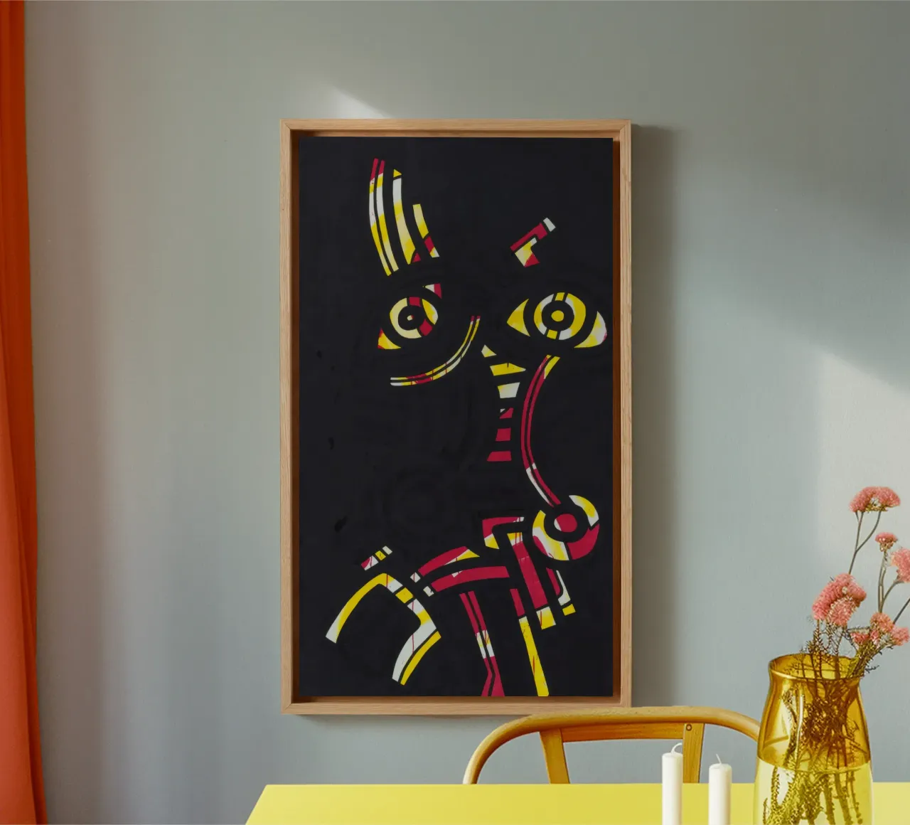 Impresión abstracta en rojo-amarillo-azul de Keith Haring lienzo con Marco flotante de ClubArt