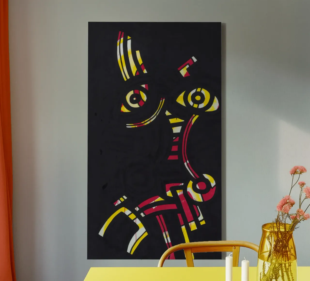 Impresión abstracta en rojo-amarillo-azul de Keith Haring lienzo con Marco flotante de ClubArt