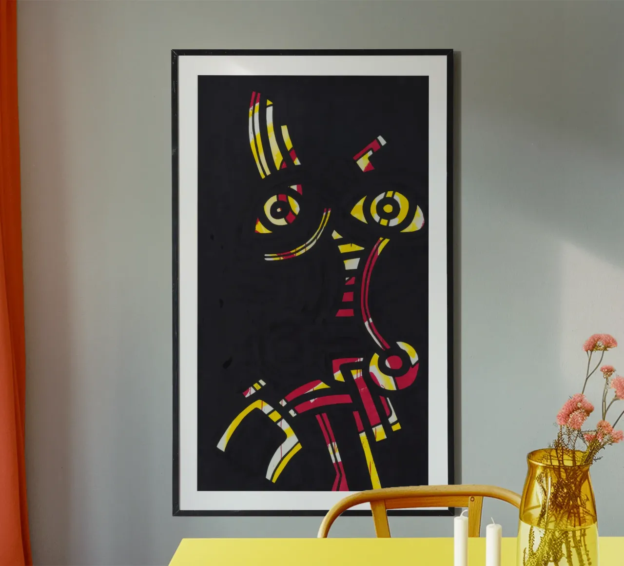 Keith Haring - Gravure abstraite rouge-jaune-bleu poster avec cadre en plastique de ClubArt