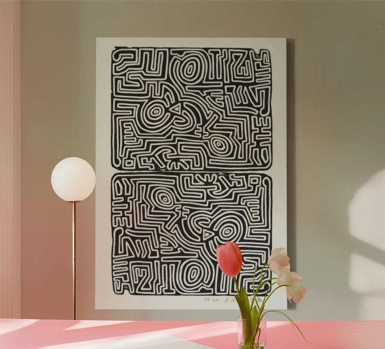 Keith Haring Het labyrint abstracte print canvas met Baklijst van ClubArt