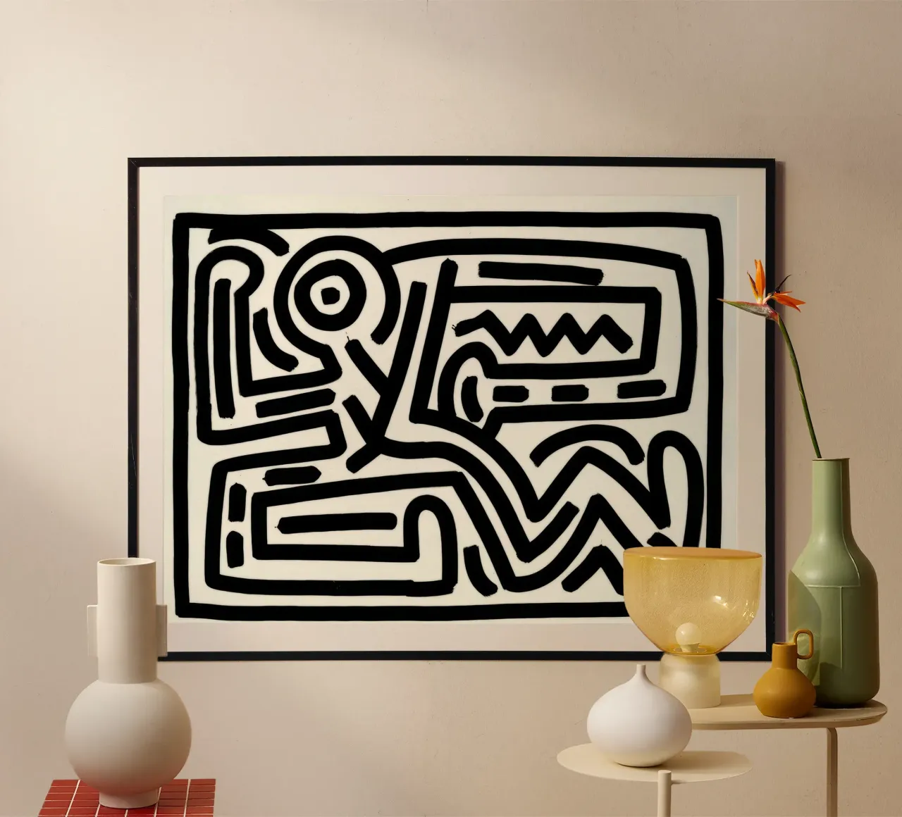 Keith Haring Senza titolo Linea d'arte astratta poster con telaio in legno da ClubArt