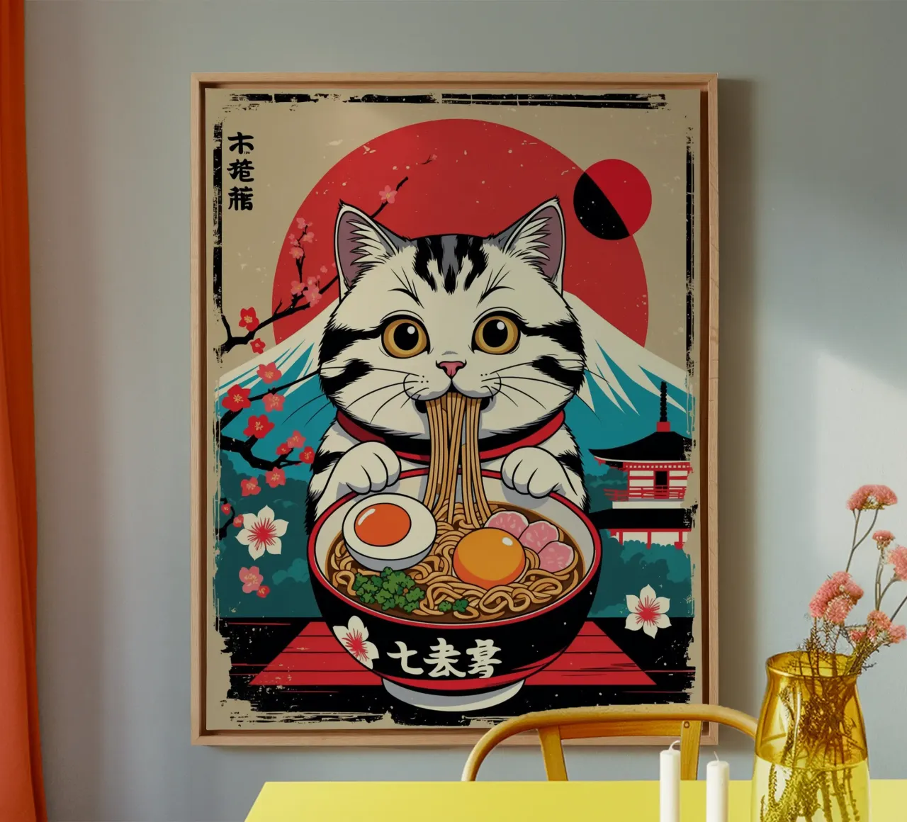 Japanse kat die Ramen eet canvas met Baklijst van Voxel Visionaries