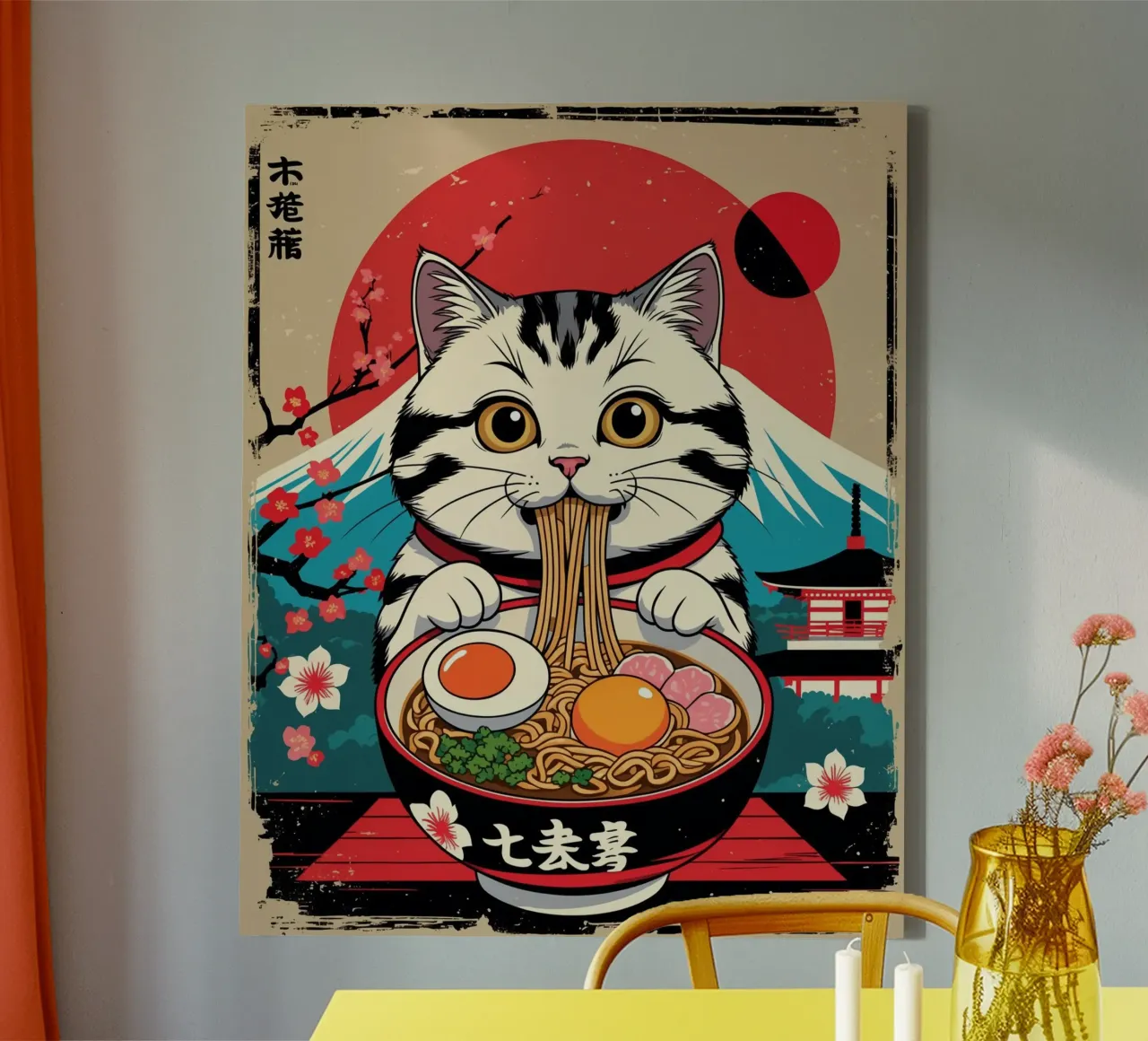 Japanse kat die Ramen eet canvas met Baklijst van Voxel Visionaries