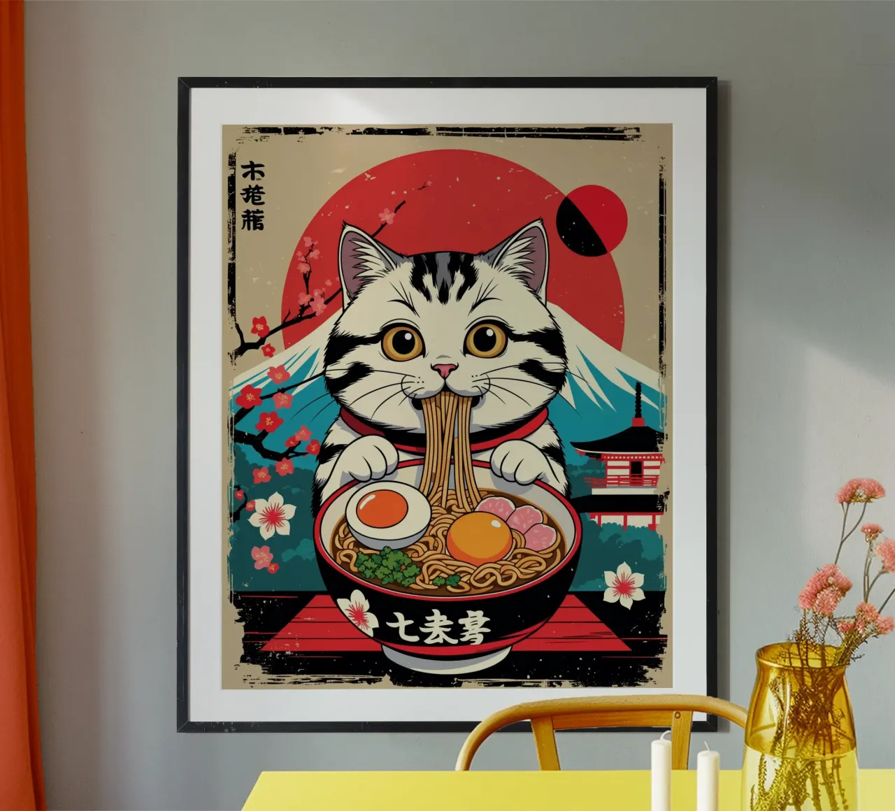 Gatto giapponese che mangia ramen poster da Voxel Visionaries
