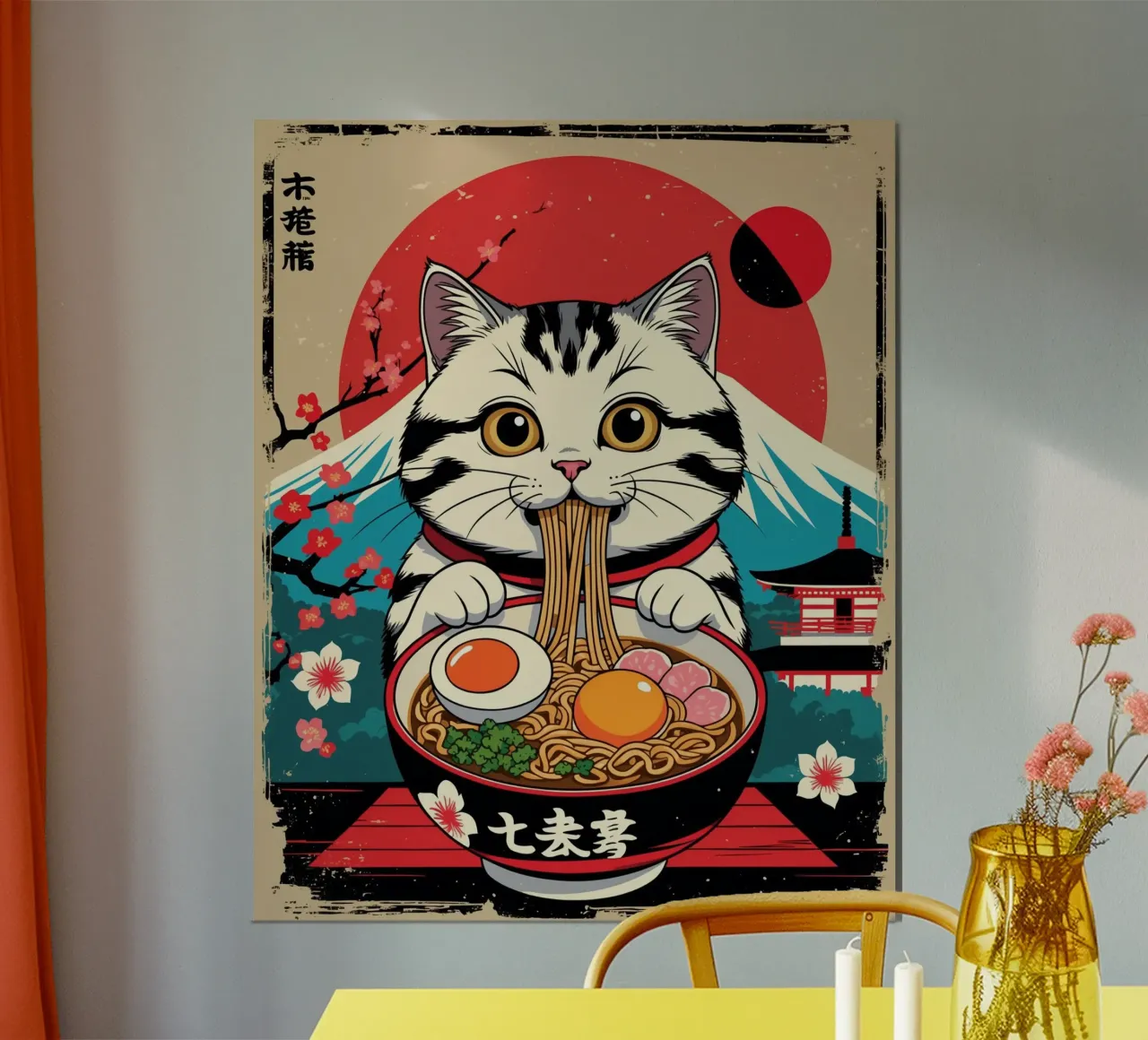 Gatto giapponese che mangia ramen poster da Voxel Visionaries