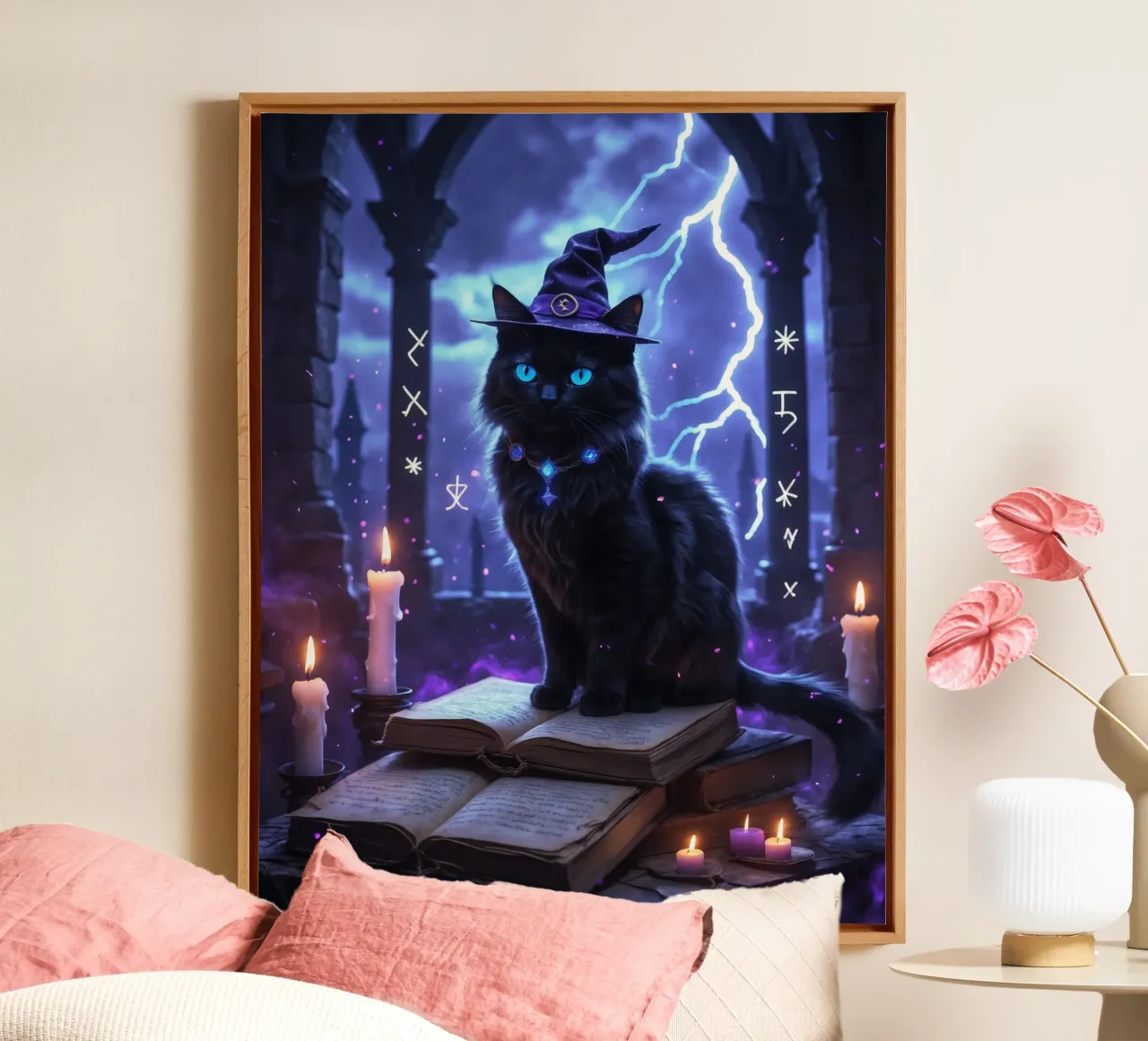 Libro delle streghe e degli incantesimi del gatto nero di Halloween tela con Cornice a cassetta da Voxel Visionaries