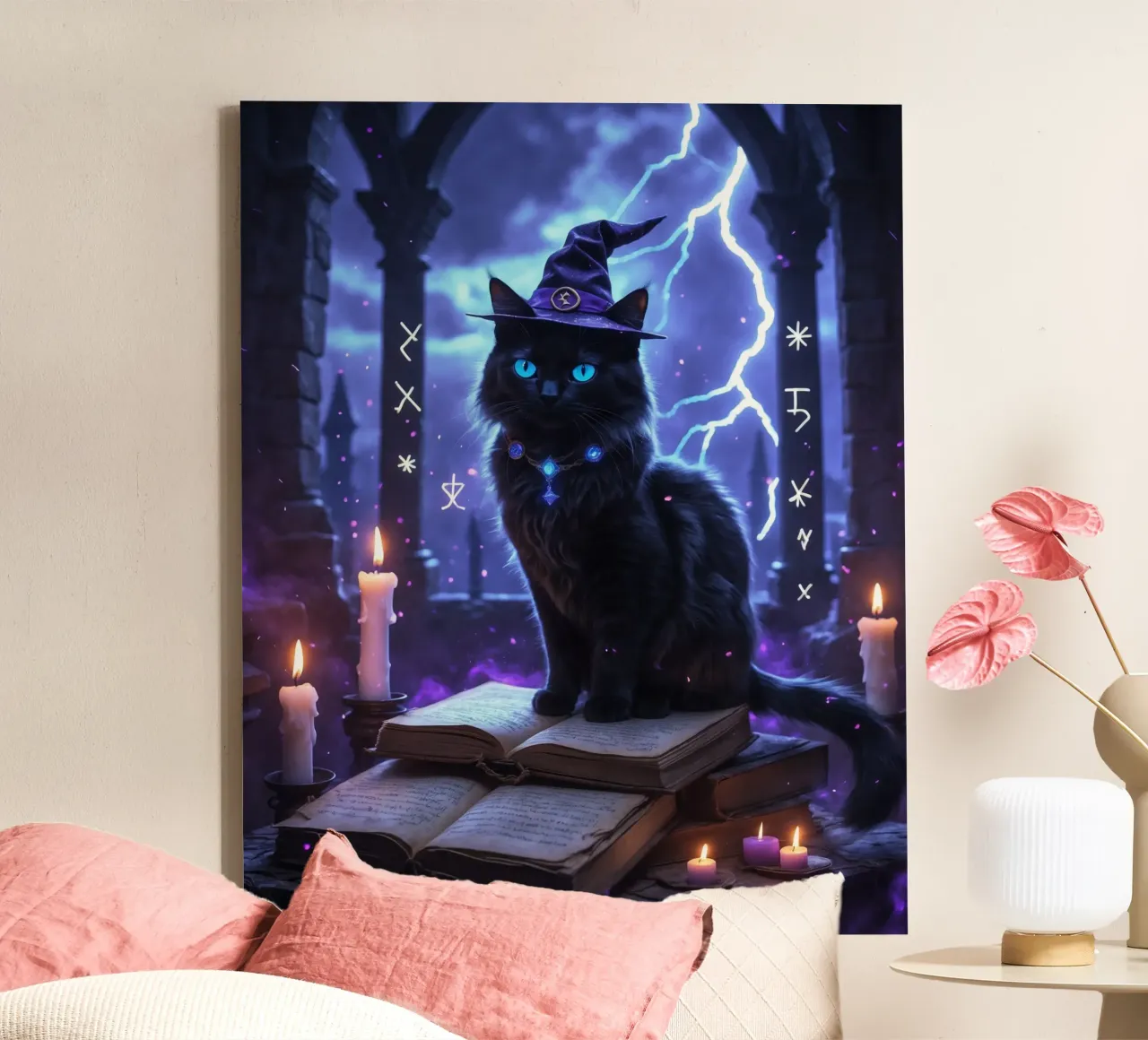 Libro delle streghe e degli incantesimi del gatto nero di Halloween tela con Cornice a cassetta da Voxel Visionaries