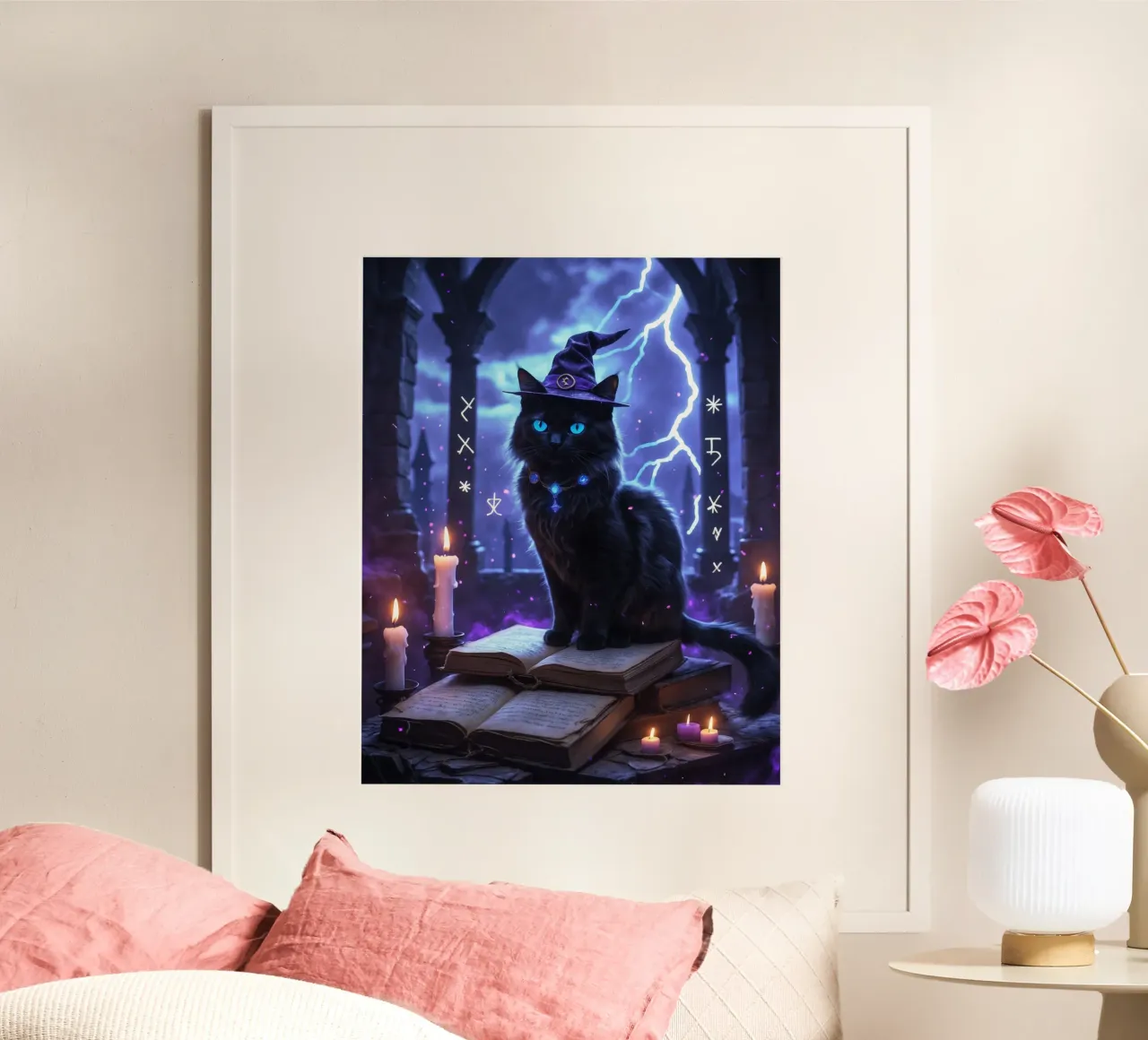 Libro delle streghe e degli incantesimi del gatto nero di Halloween poster con telaio in alluminio da Voxel Visionaries