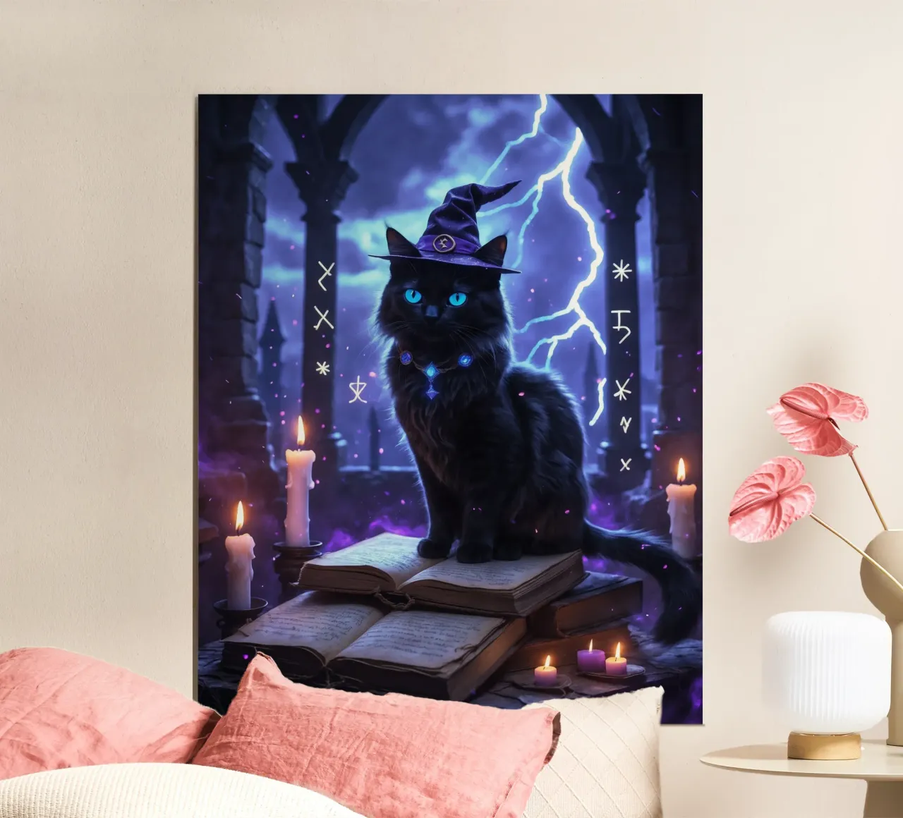 Libro delle streghe e degli incantesimi del gatto nero di Halloween poster con telaio in alluminio da Voxel Visionaries