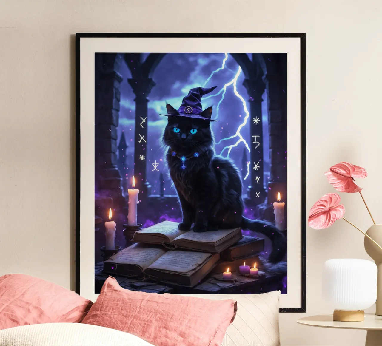 Libro delle streghe e degli incantesimi del gatto nero di Halloween poster con telaio in alluminio da Voxel Visionaries