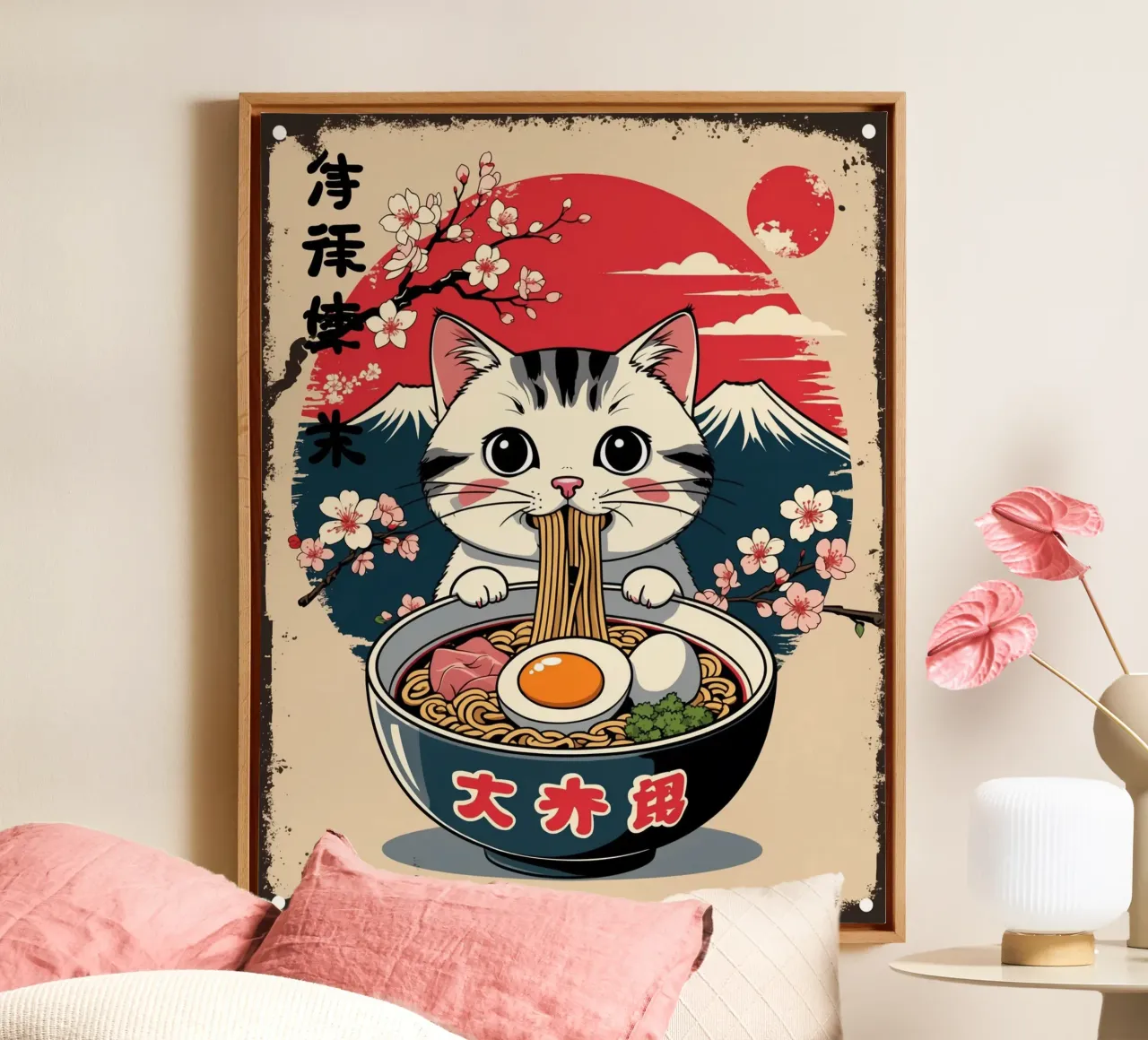 Japanse kat die Ramen eet canvas met Baklijst van Voxel Visionaries