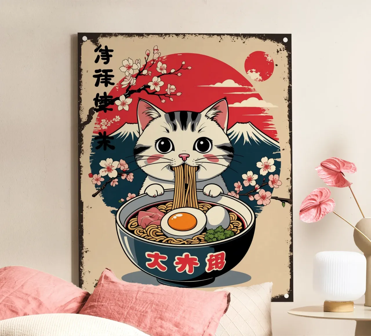 Japanse kat die Ramen eet canvas met Baklijst van Voxel Visionaries