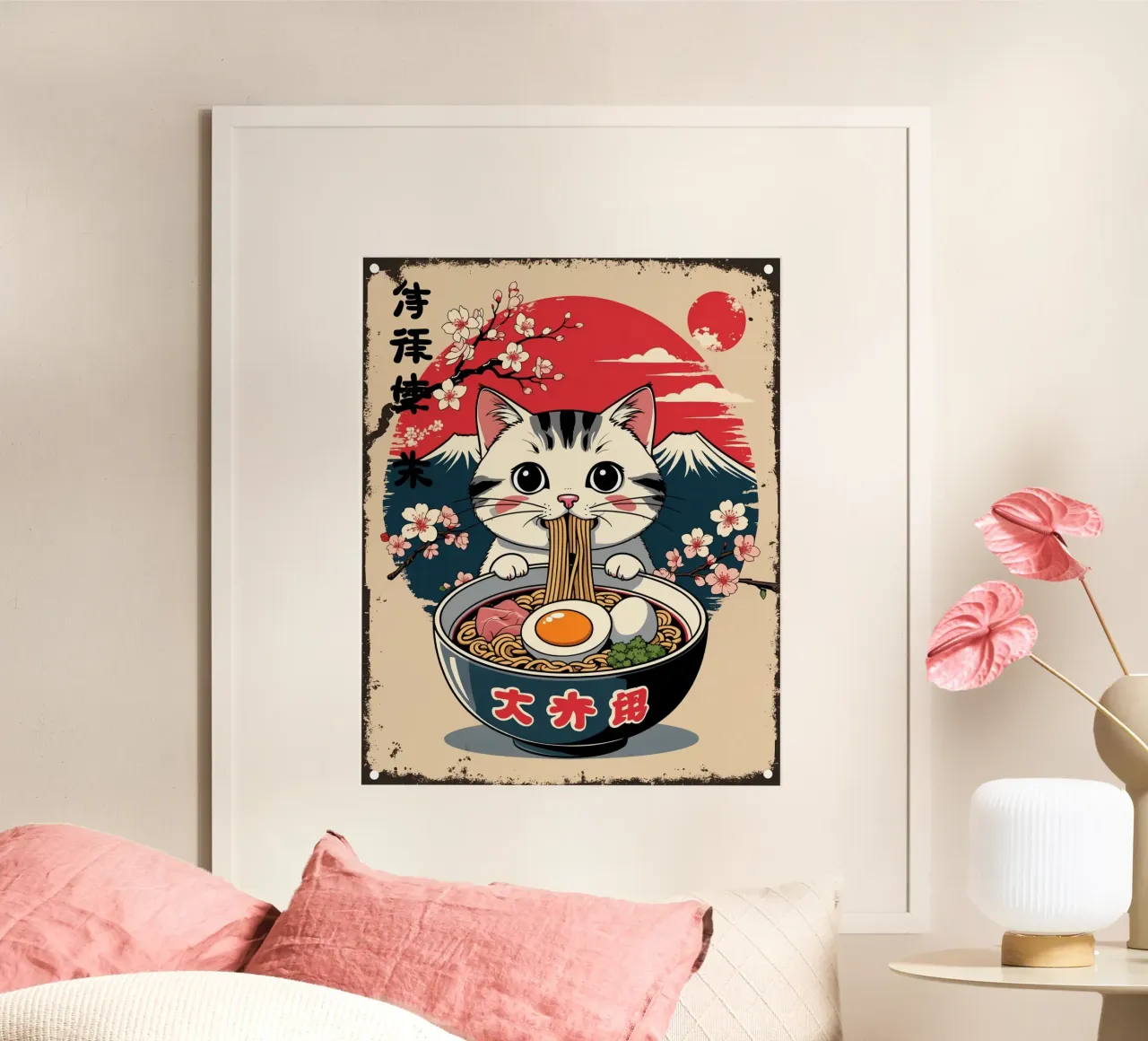 Gatto giapponese che mangia ramen poster da Voxel Visionaries