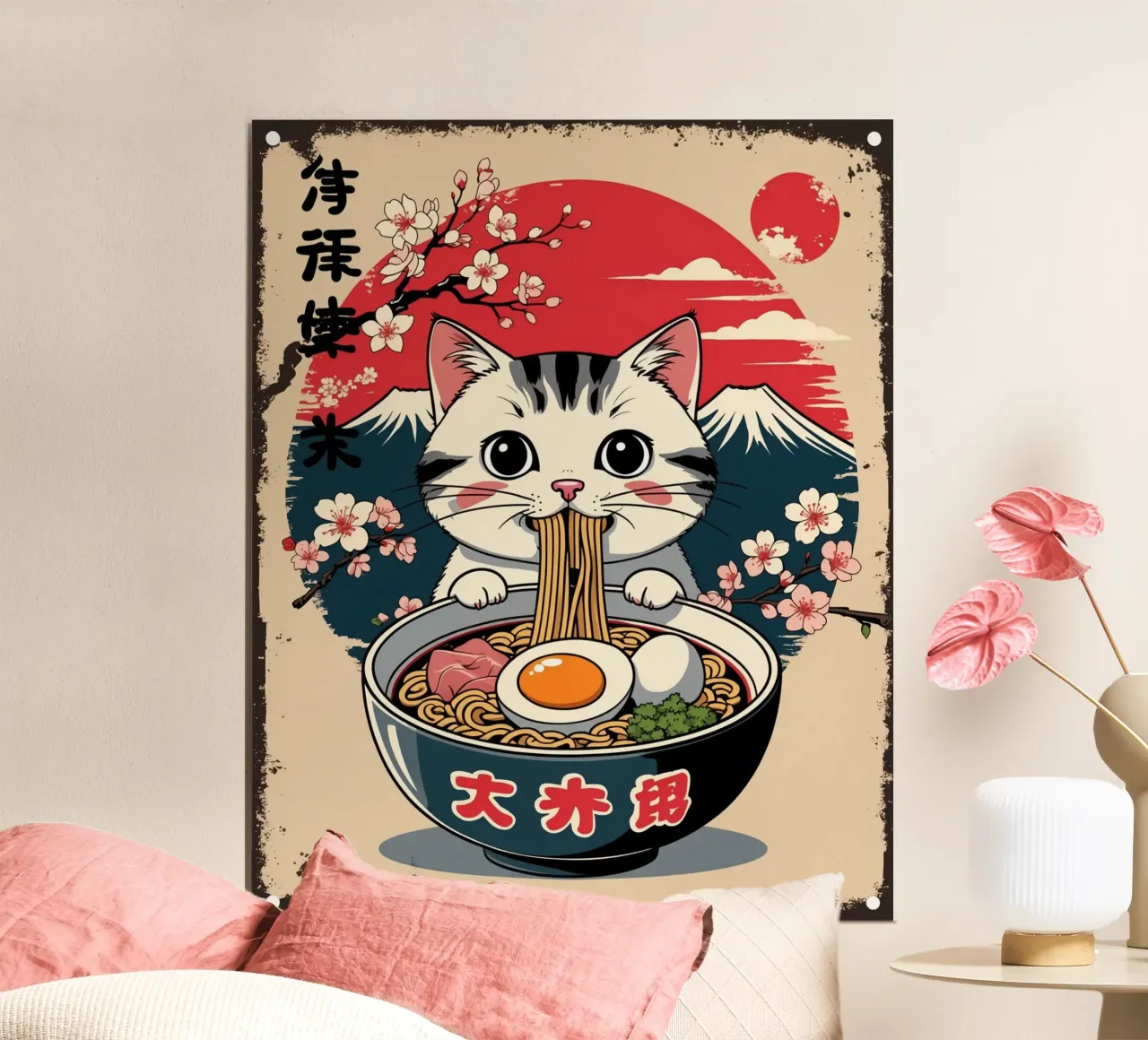 Gatto giapponese che mangia ramen poster da Voxel Visionaries
