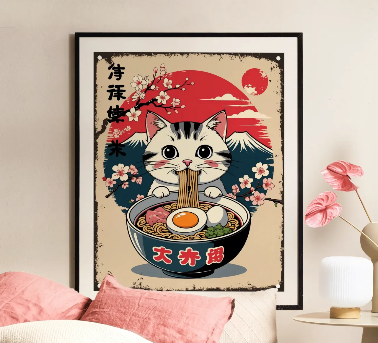 Gatto giapponese che mangia ramen poster da Voxel Visionaries