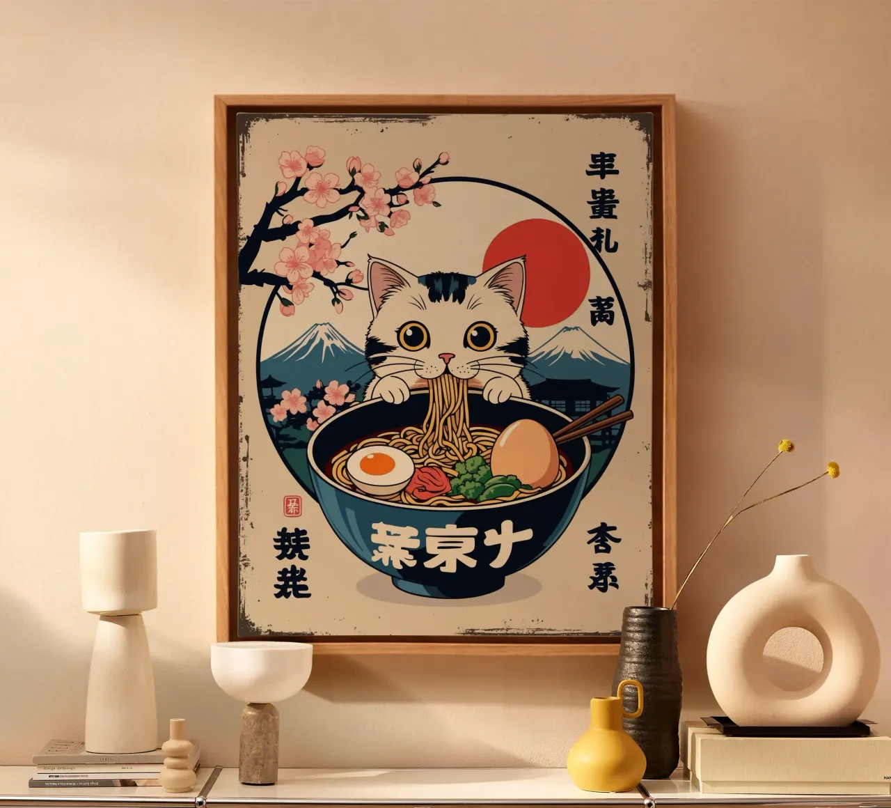 Japanse kat die Ramen eet canvas met Baklijst van Voxel Visionaries