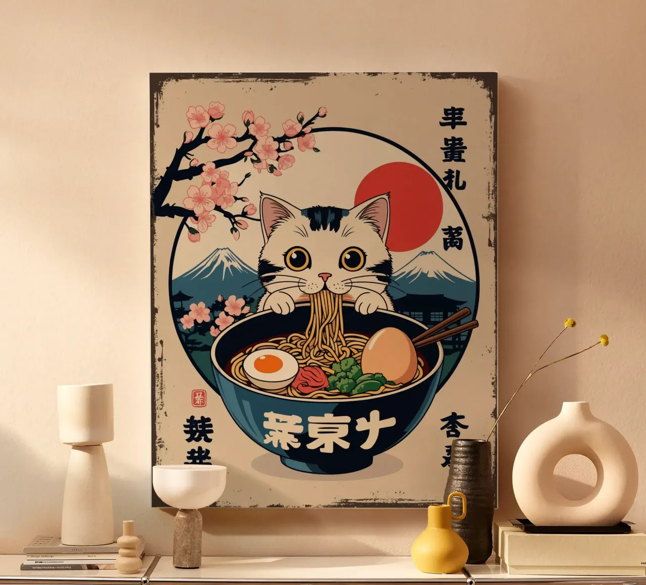 Japanse kat die Ramen eet canvas met Baklijst van Voxel Visionaries
