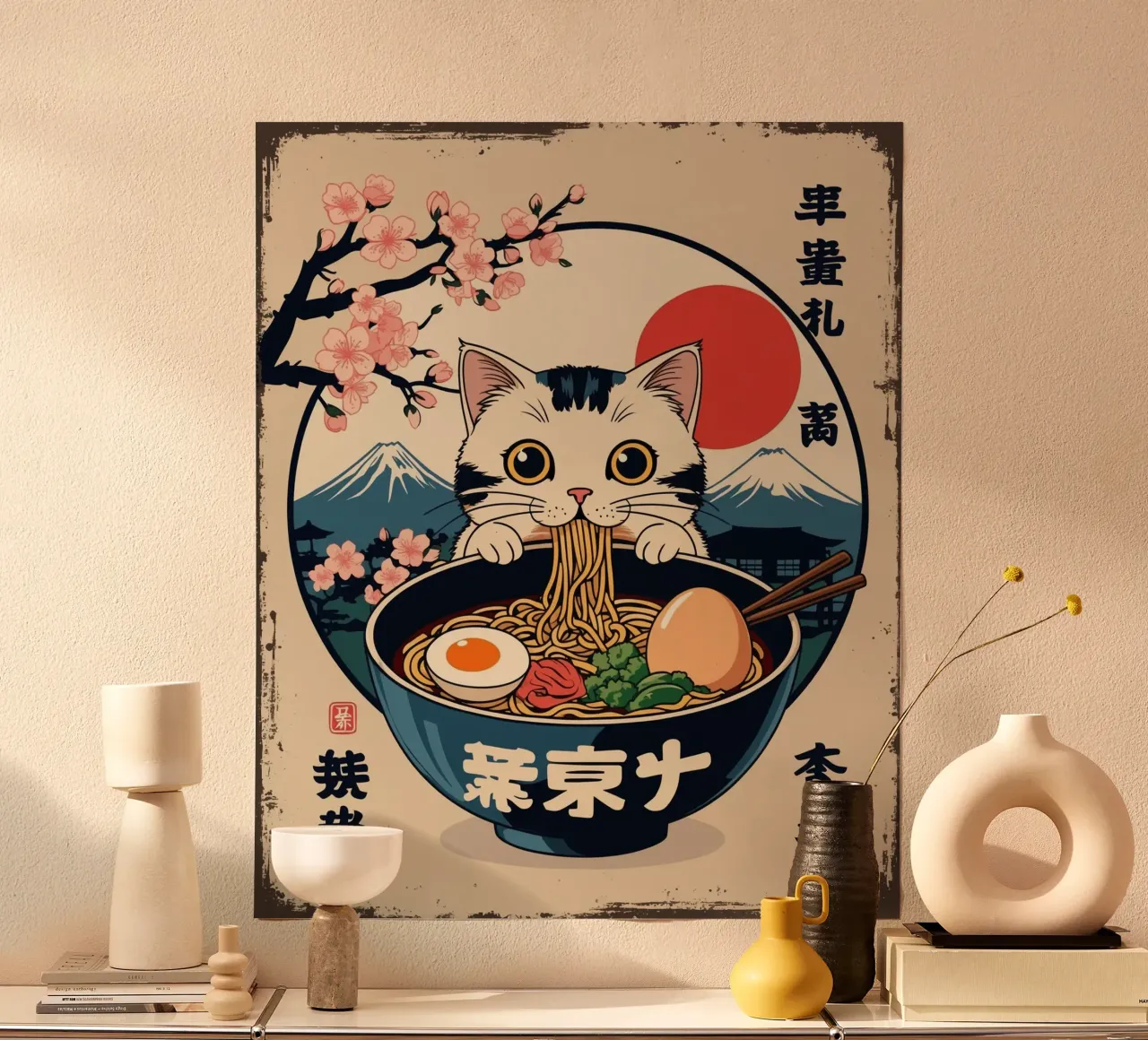 Gatto giapponese che mangia ramen poster da Voxel Visionaries