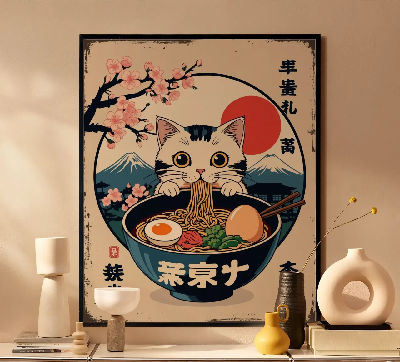 Gatto giapponese che mangia ramen poster da Voxel Visionaries