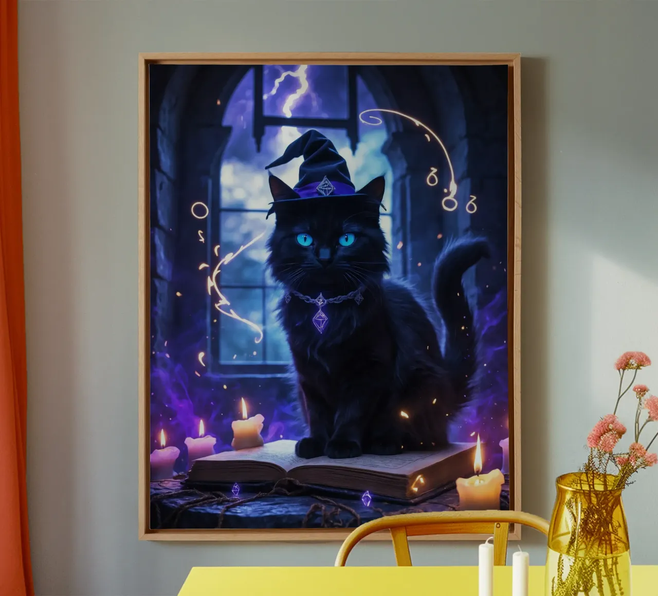 Libro delle streghe e degli incantesimi del gatto nero di Halloween tela con Cornice a cassetta da Voxel Visionaries