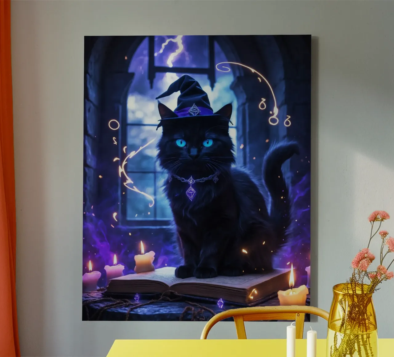 Libro delle streghe e degli incantesimi del gatto nero di Halloween tela con Cornice a cassetta da Voxel Visionaries