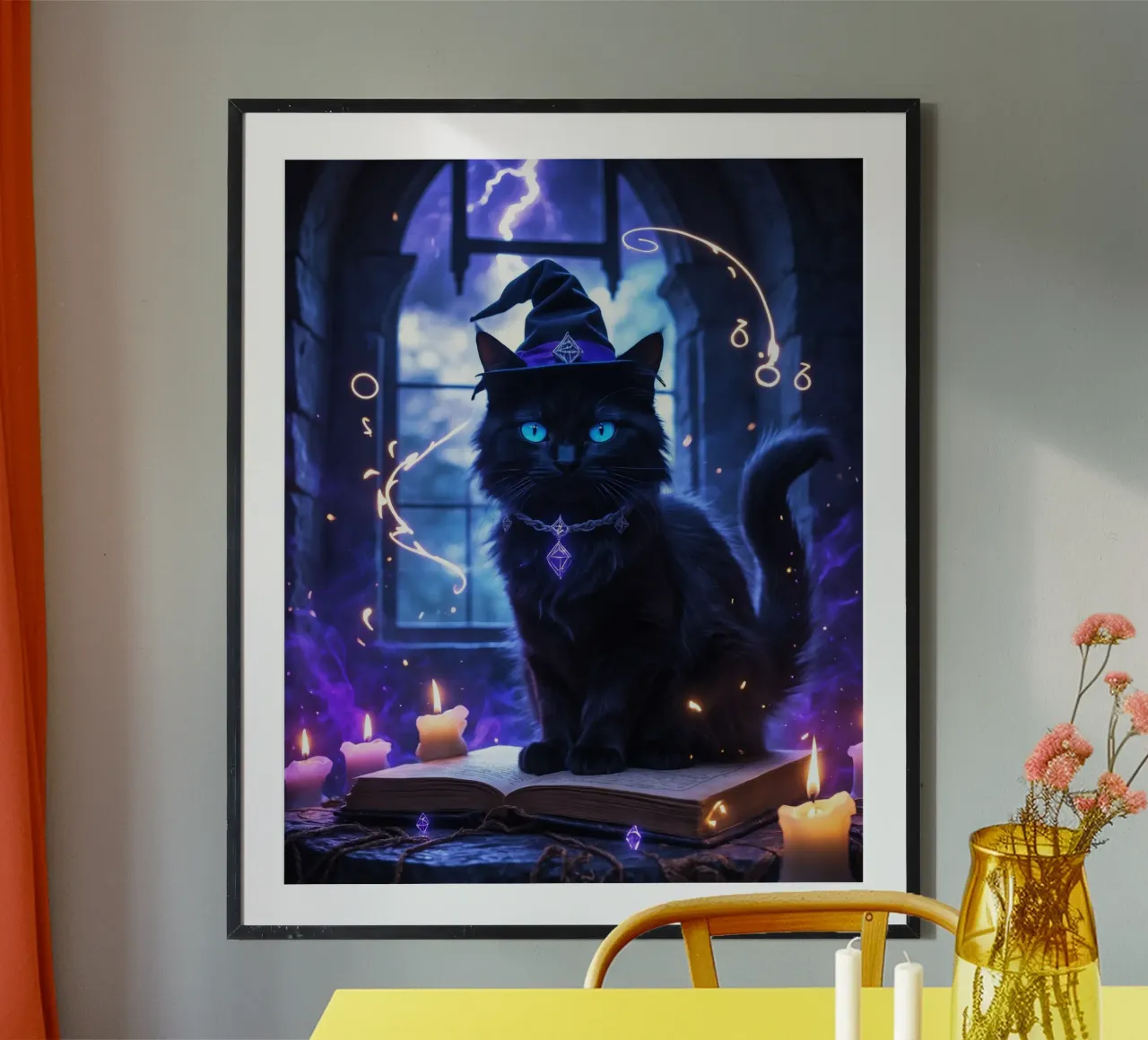 Libro delle streghe e degli incantesimi del gatto nero di Halloween poster da Voxel Visionaries