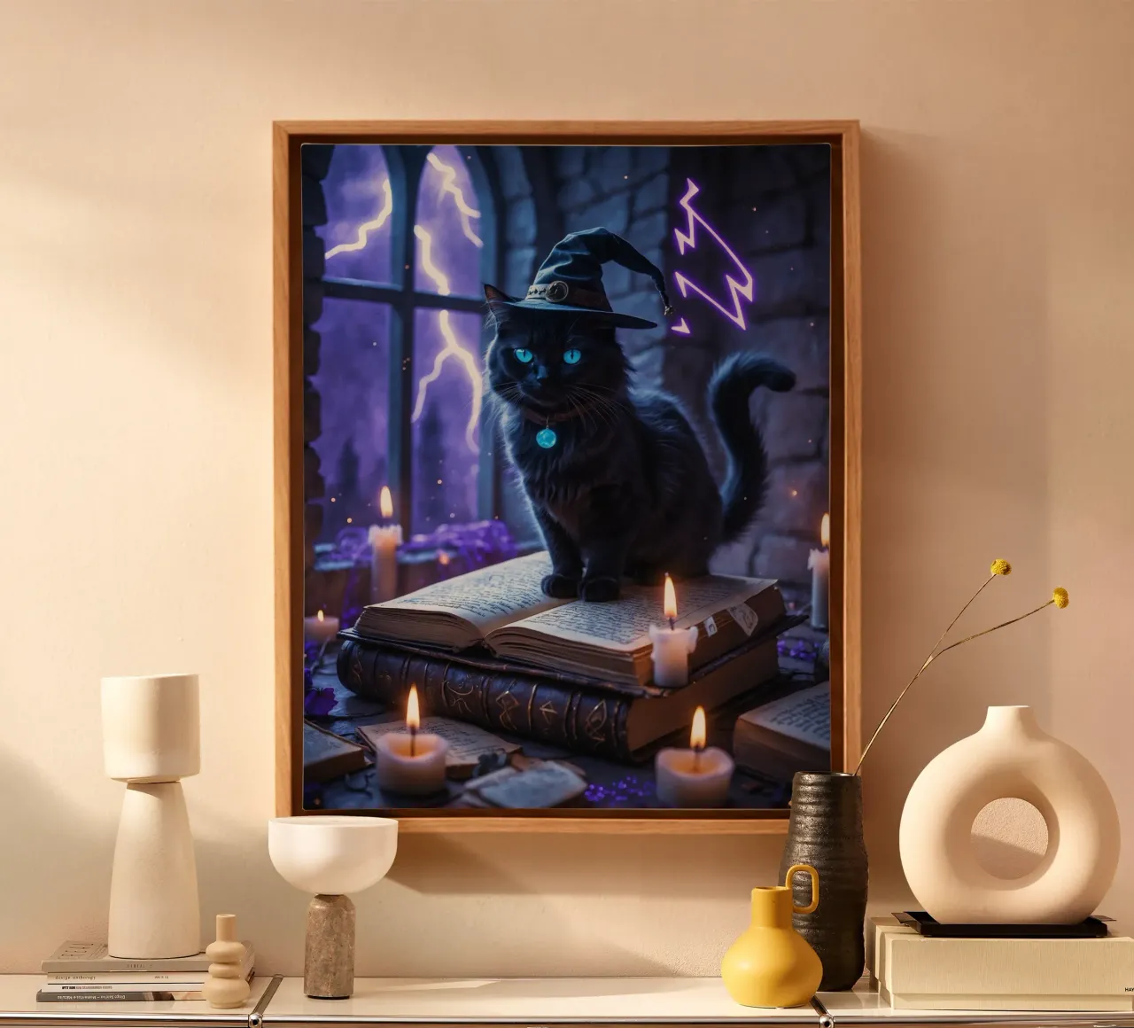 Libro delle streghe e degli incantesimi del gatto nero di Halloween tela con Cornice a cassetta da Voxel Visionaries