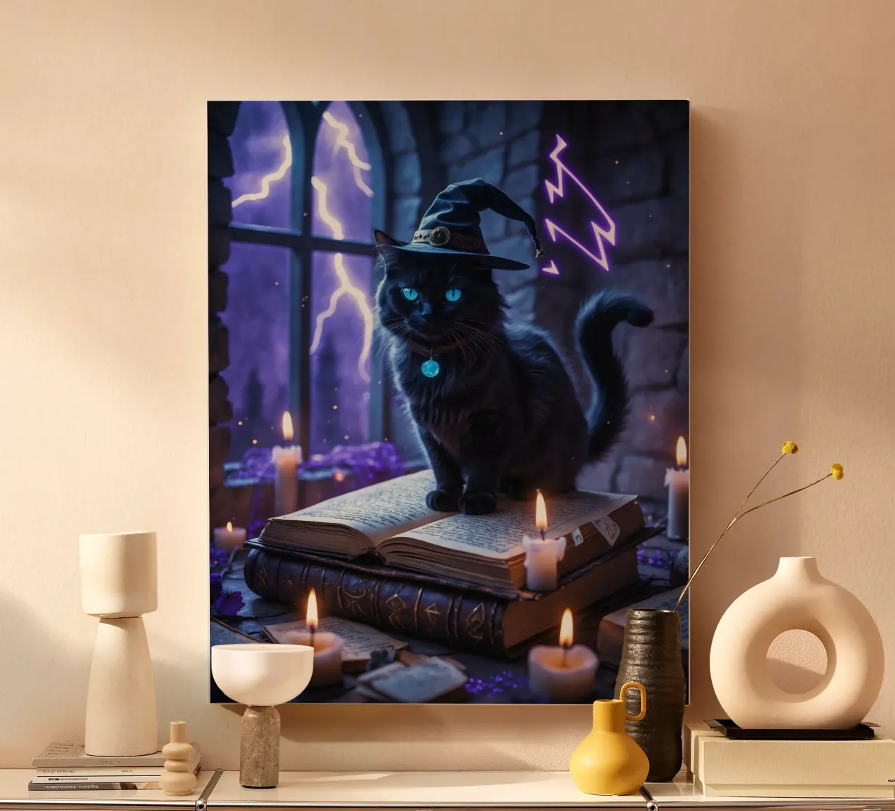 Libro delle streghe e degli incantesimi del gatto nero di Halloween tela con Cornice a cassetta da Voxel Visionaries