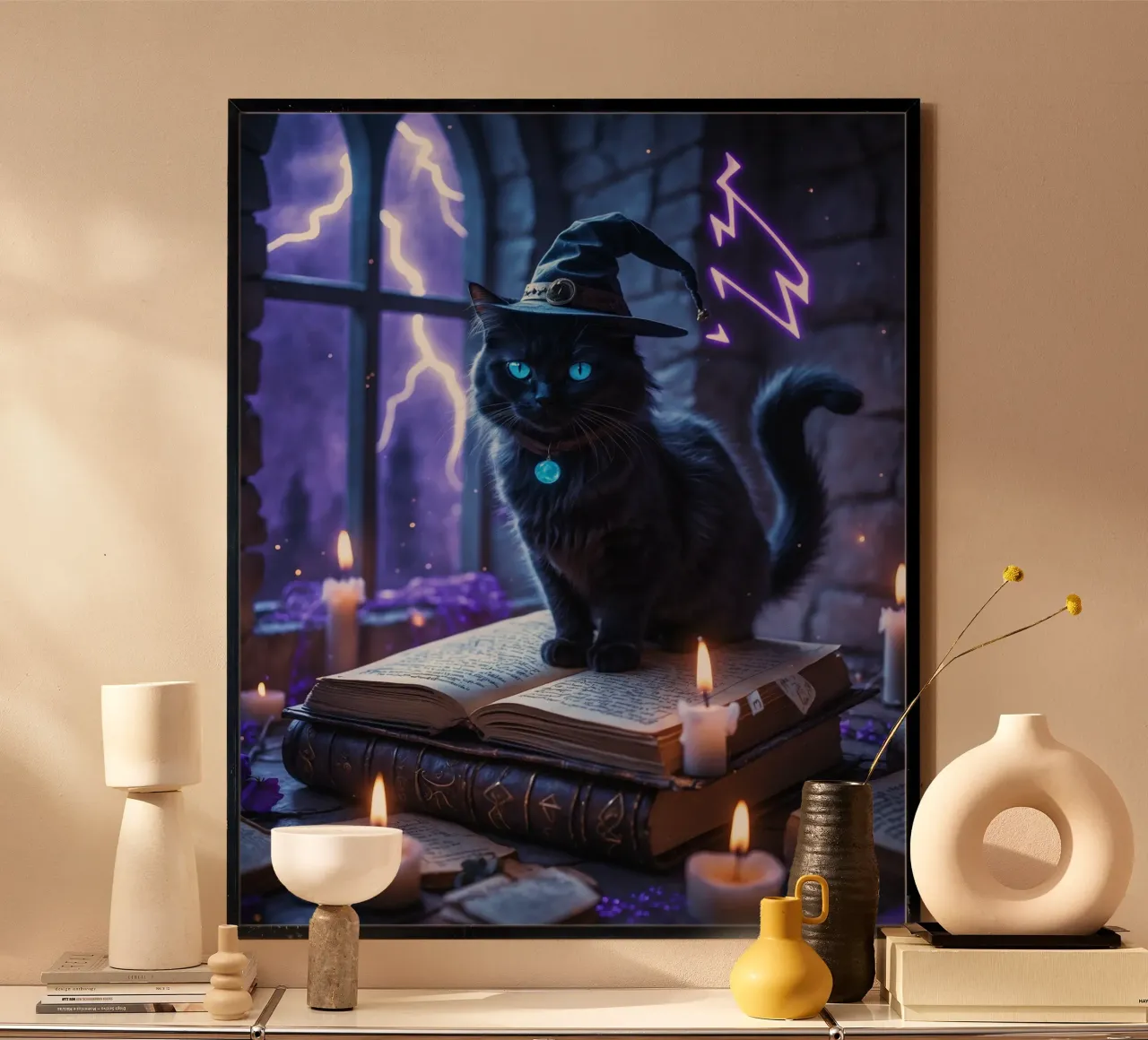Libro delle streghe e degli incantesimi del gatto nero di Halloween poster con telaio in alluminio da Voxel Visionaries