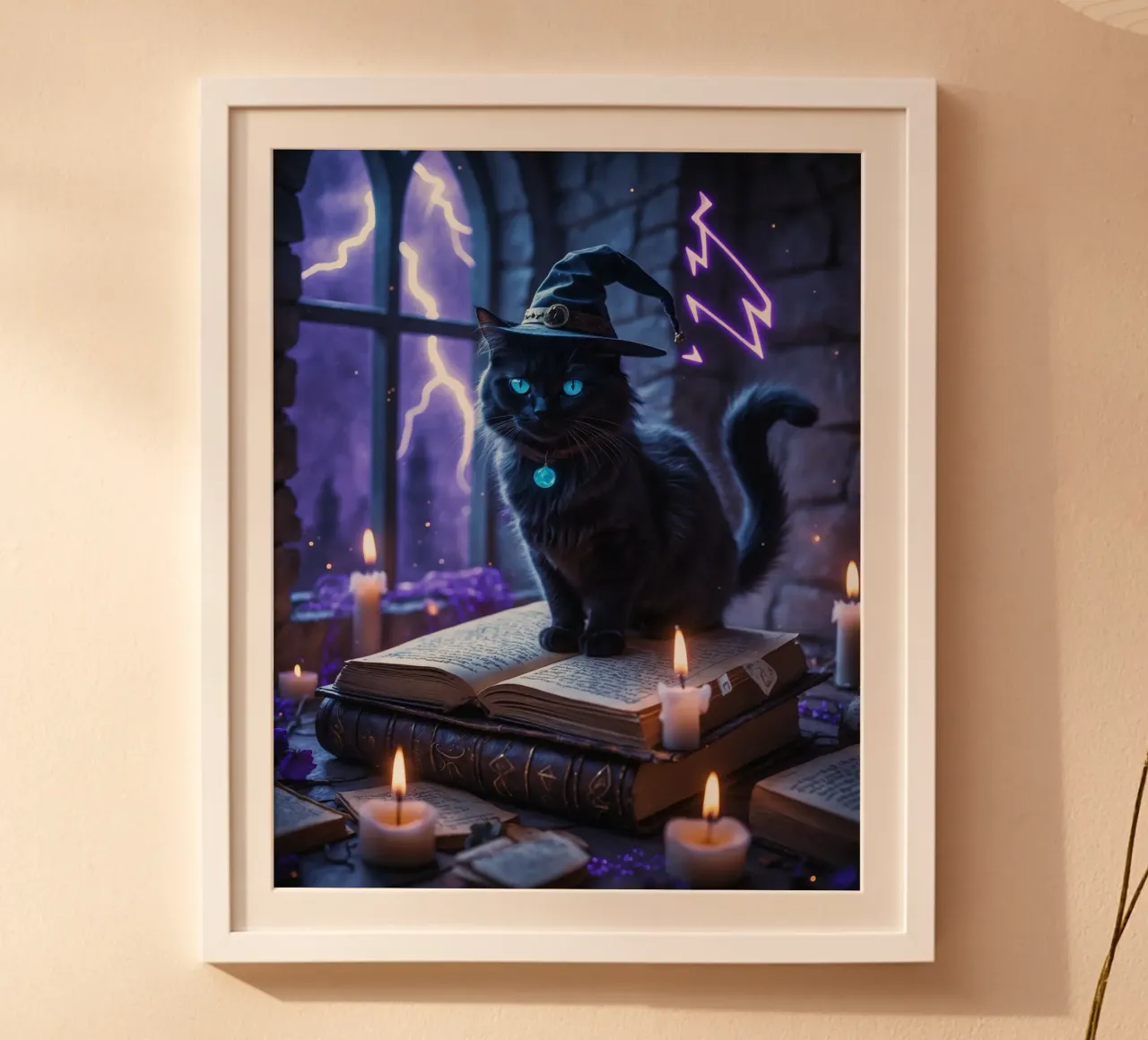 Libro delle streghe e degli incantesimi del gatto nero di Halloween poster con telaio in alluminio da Voxel Visionaries