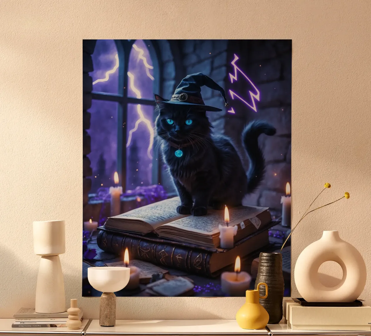 Libro delle streghe e degli incantesimi del gatto nero di Halloween poster con telaio in alluminio da Voxel Visionaries