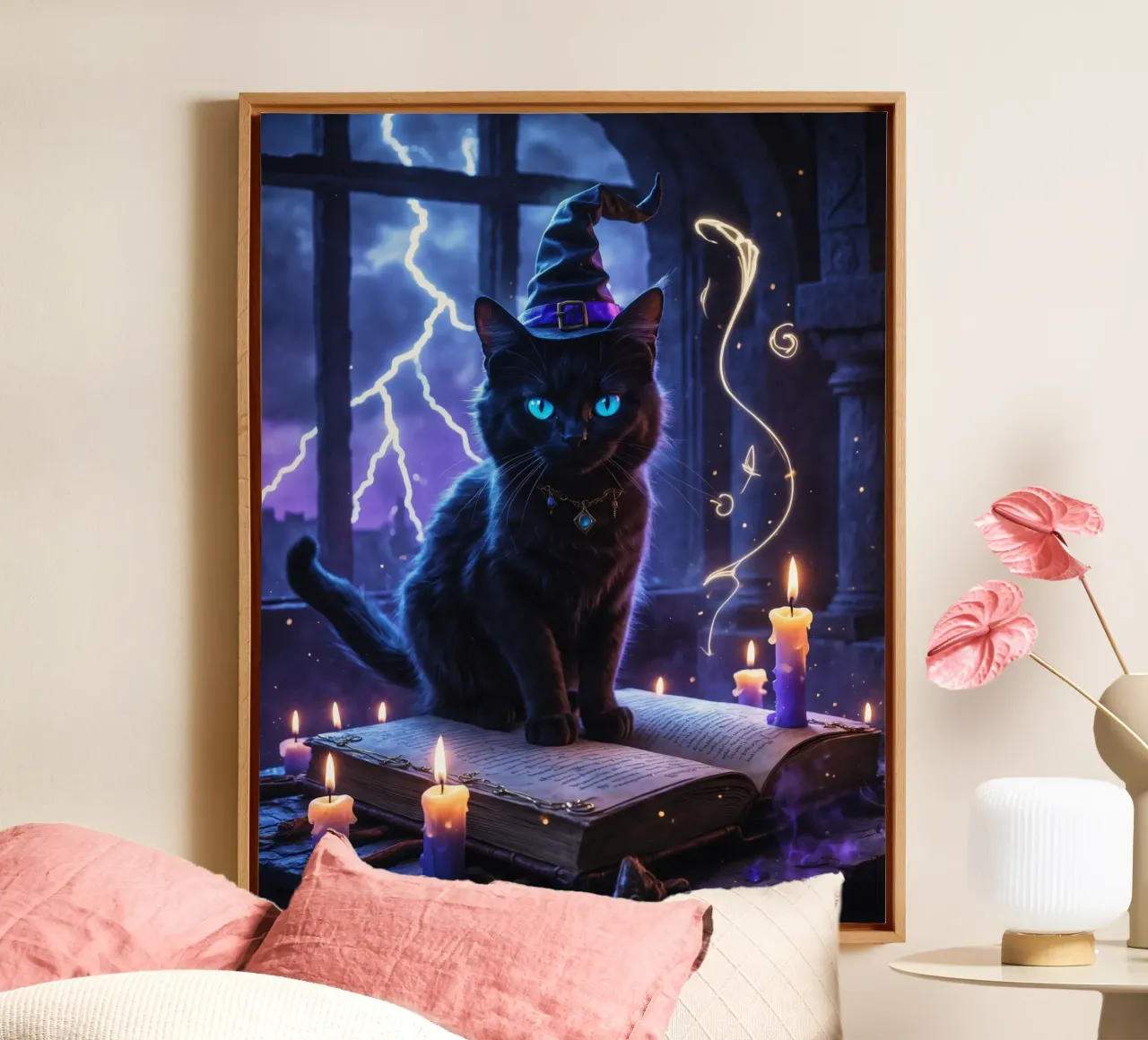 Libro delle streghe e degli incantesimi del gatto nero di Halloween tela con Cornice a cassetta da Voxel Visionaries