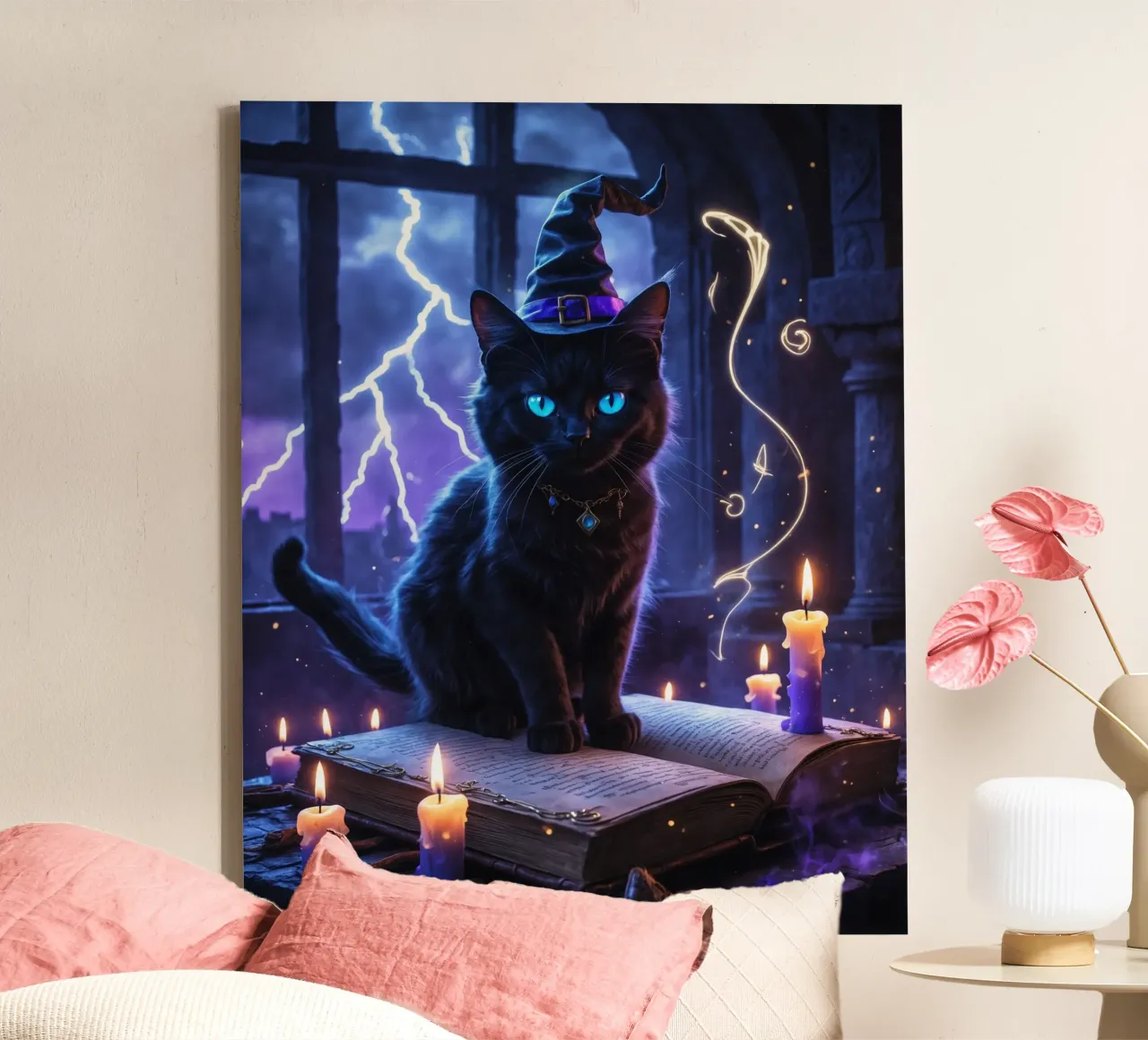 Libro delle streghe e degli incantesimi del gatto nero di Halloween tela con Cornice a cassetta da Voxel Visionaries