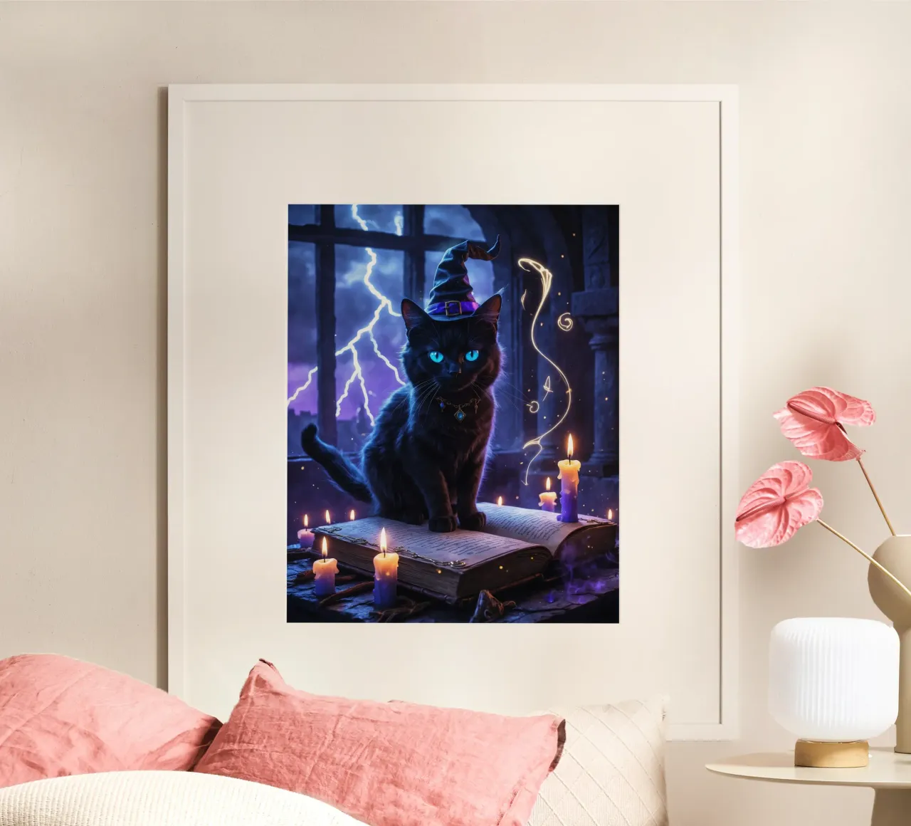 Libro delle streghe e degli incantesimi del gatto nero di Halloween poster da Voxel Visionaries