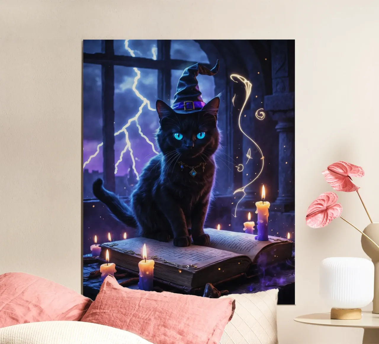 Libro delle streghe e degli incantesimi del gatto nero di Halloween poster da Voxel Visionaries