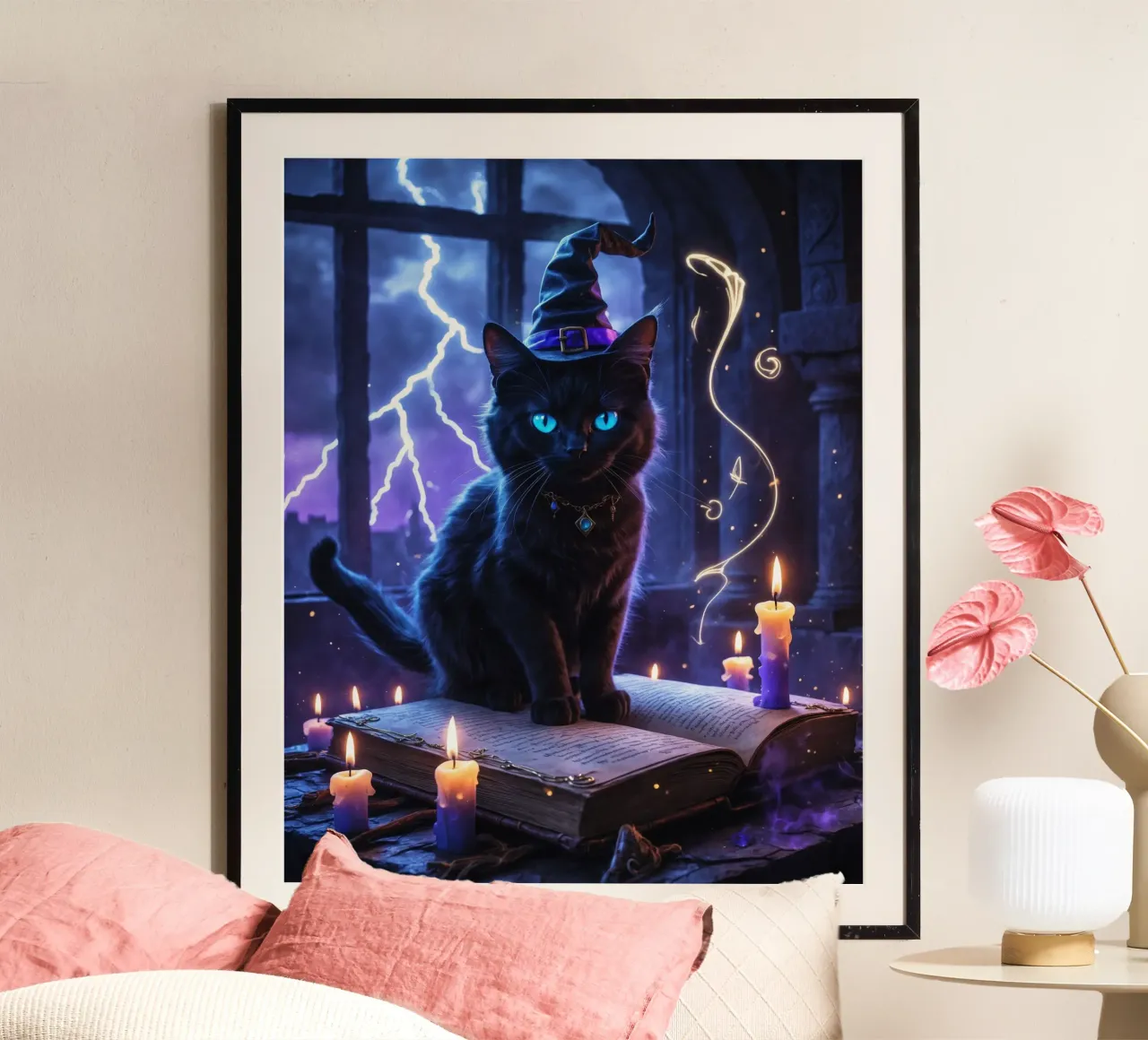 Libro delle streghe e degli incantesimi del gatto nero di Halloween poster da Voxel Visionaries