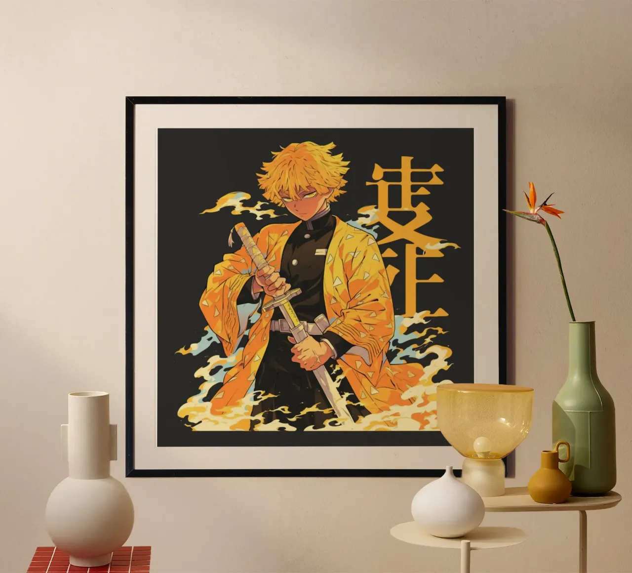 Maglietta essenziale Zenitsu Demon Slayer poster con telaio in legno da igoshartwrks
