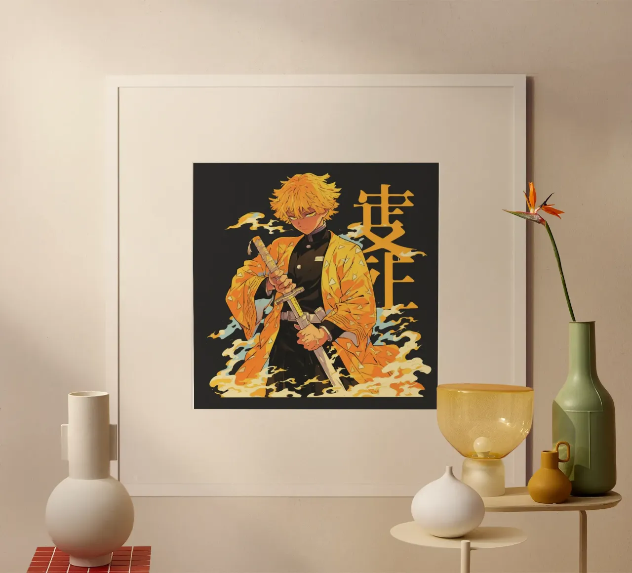 Maglietta essenziale Zenitsu Demon Slayer poster con telaio in legno da igoshartwrks