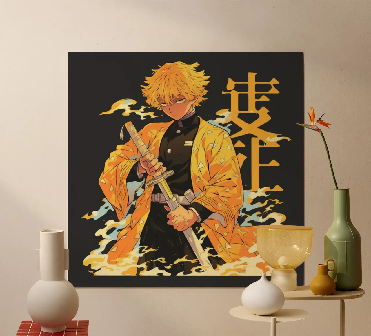 Maglietta essenziale Zenitsu Demon Slayer poster con telaio in legno da igoshartwrks