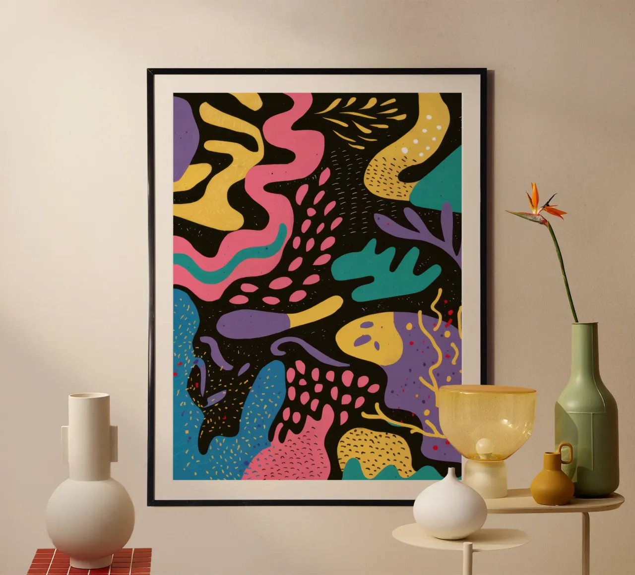Aquatic Abstract Forms poster with wooden frame by Enter Bloom